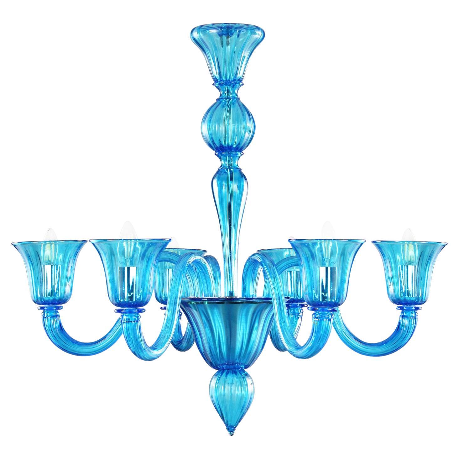 21st Century Chandelier 6Arms, Turquoise Murano Glass by Multiforme in stock For Sale