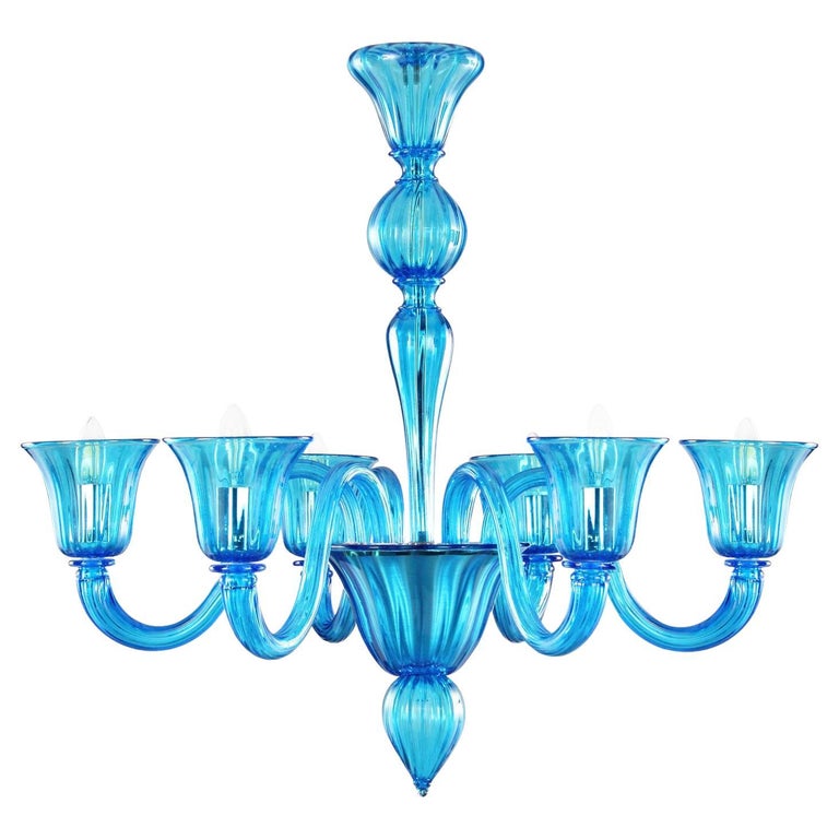 21st Century Chandelier 6arms, Turquoise Murano Glass Chandelier