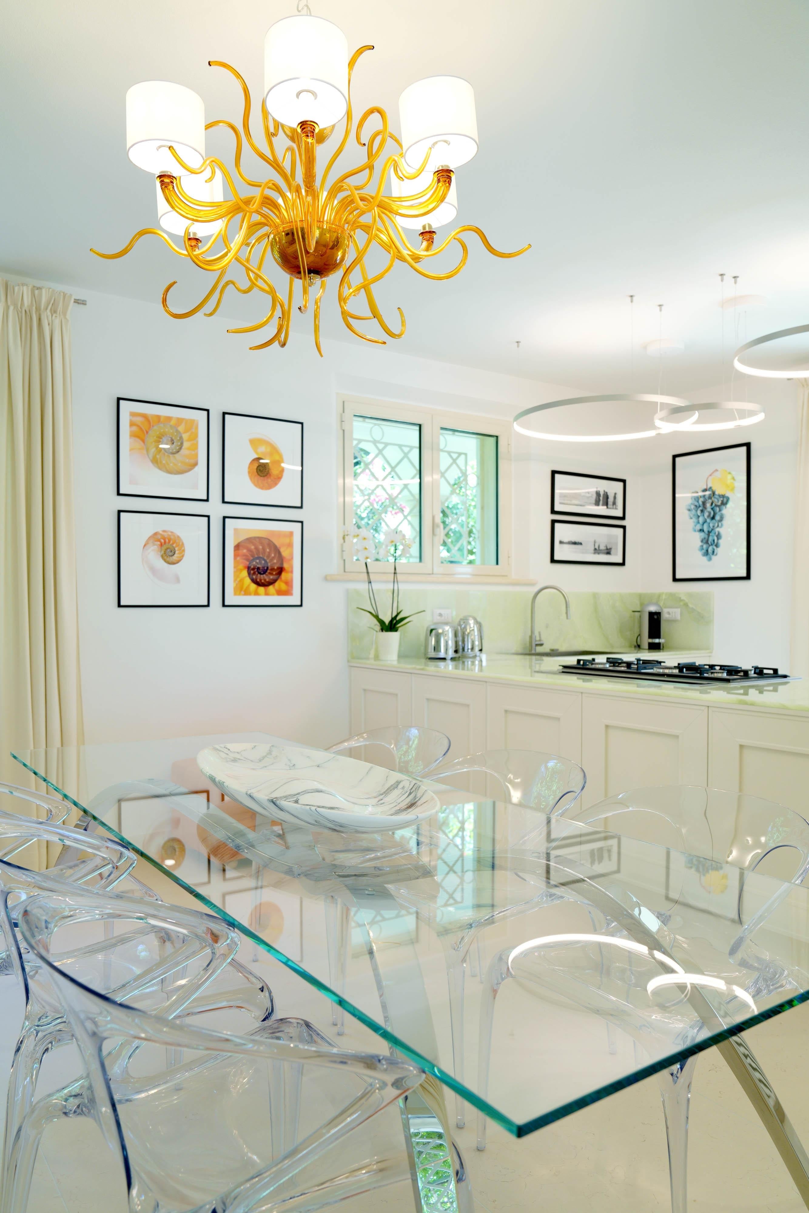 21st Century Chandelier 6arms Amber Murano Glass White Lampshades by Multiforme For Sale 4
