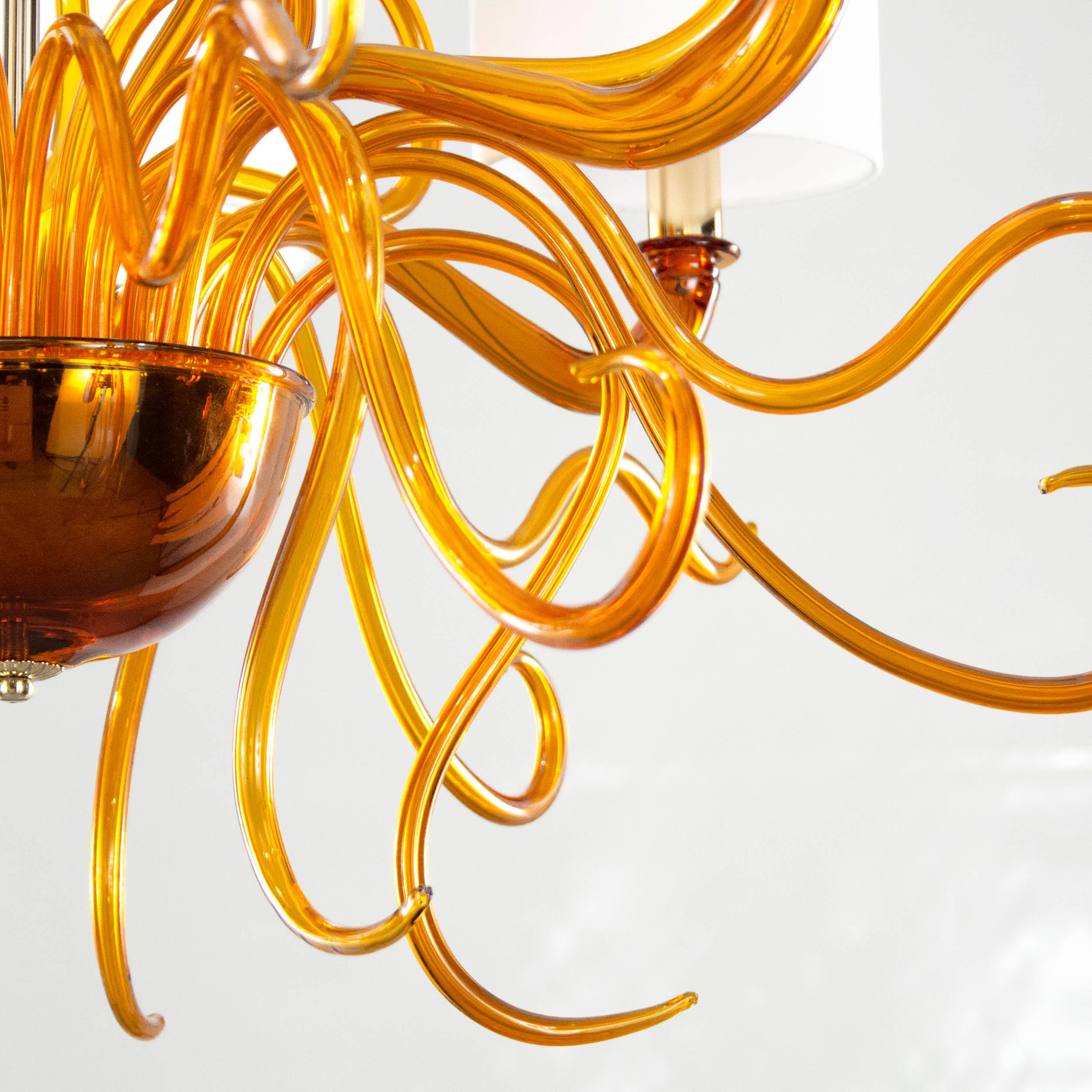 Italian 21st Century Chandelier 6arms Amber Murano Glass White Lampshades by Multiforme For Sale