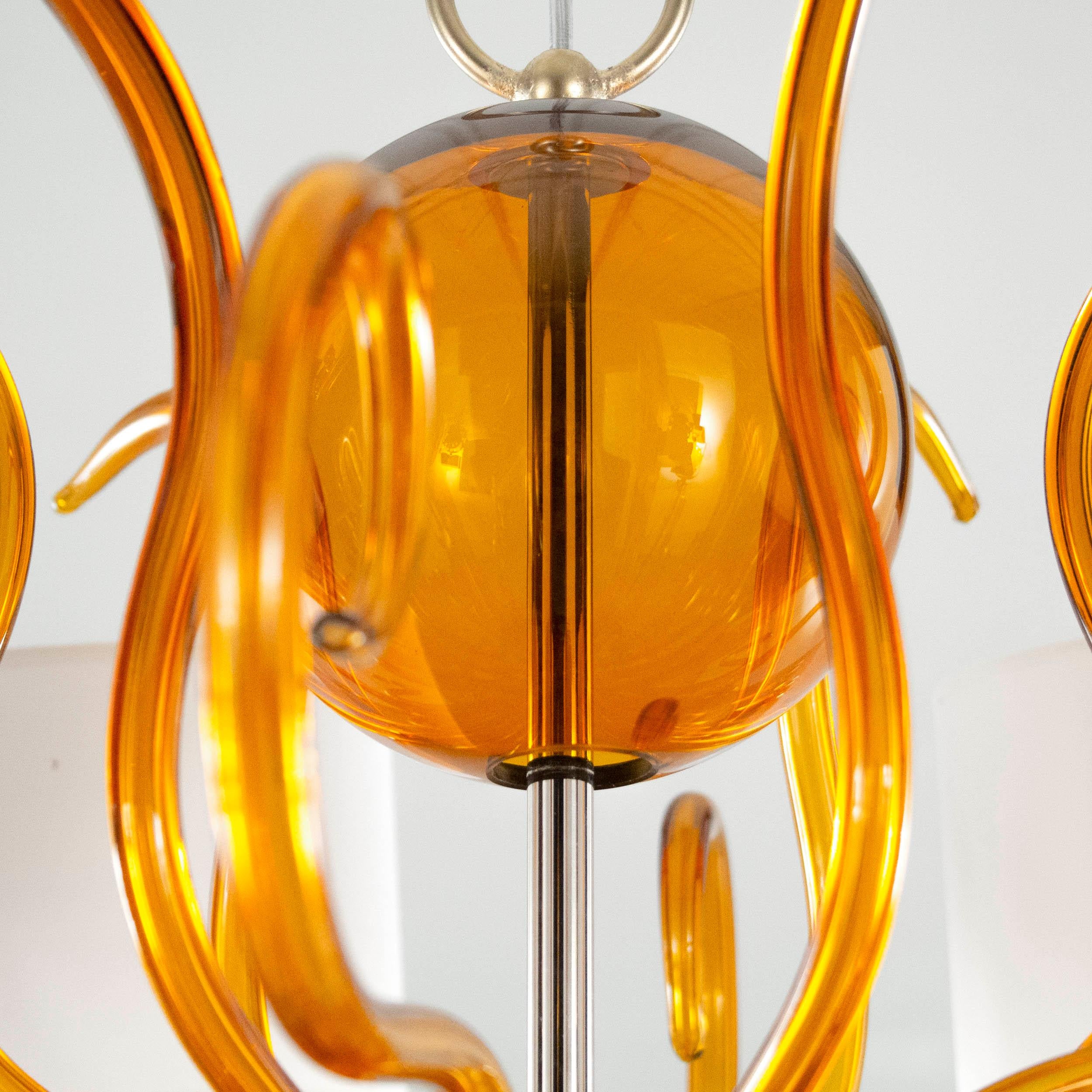 21st Century Chandelier 6arms Amber Murano Glass White Lampshades by Multiforme In New Condition For Sale In Trebaseleghe, IT