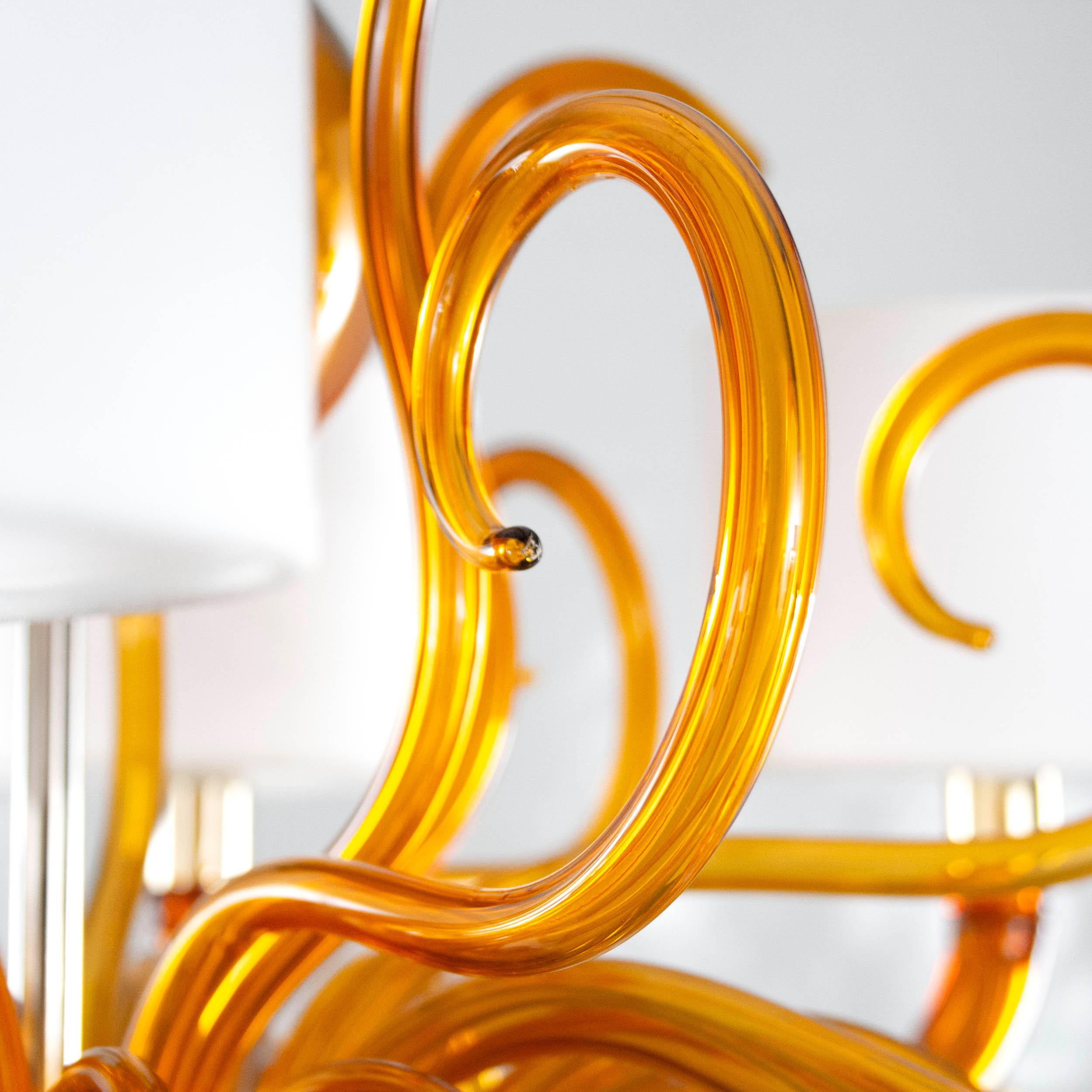 Blown Glass 21st Century Chandelier 6arms Amber Murano Glass White Lampshades by Multiforme For Sale
