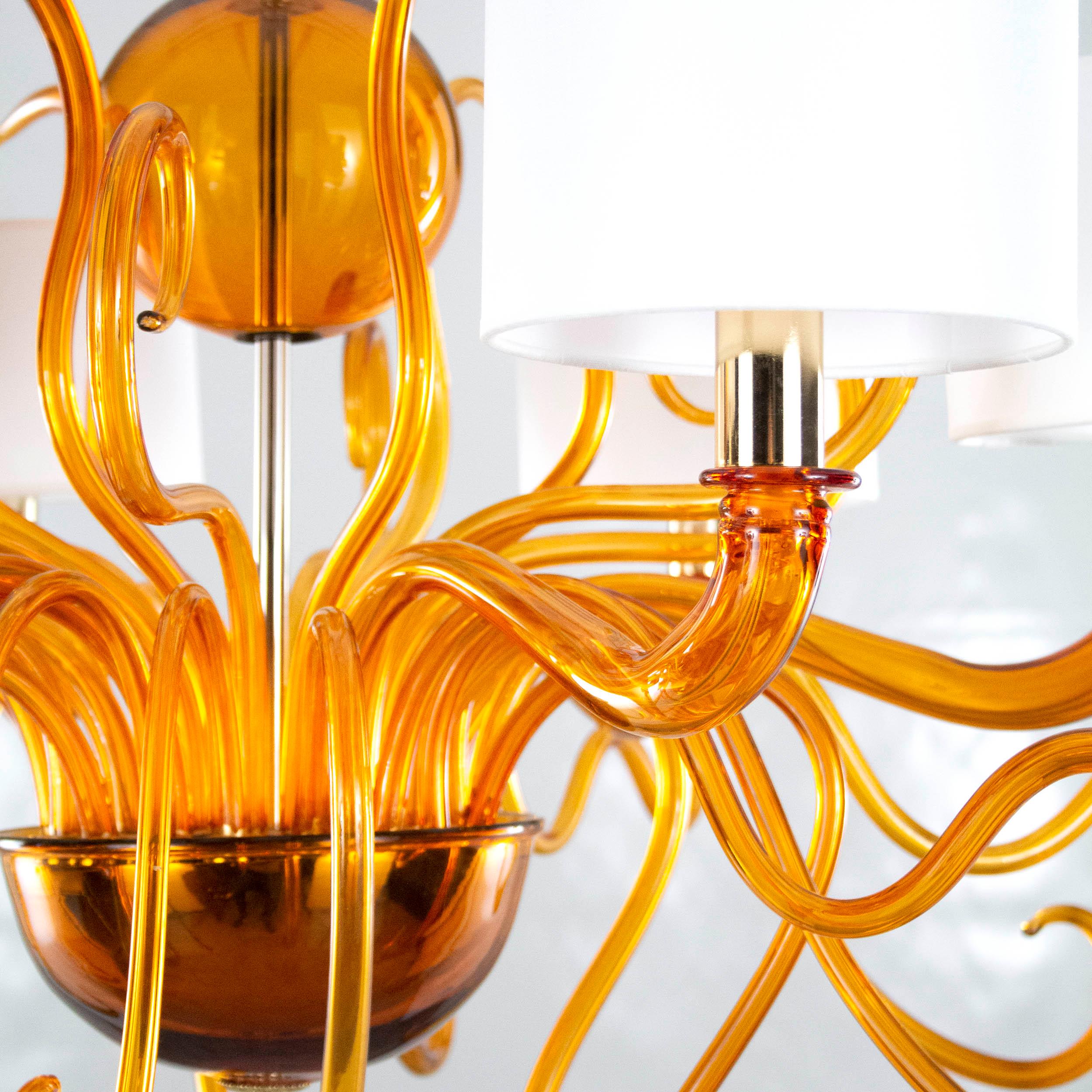 21st Century Chandelier 6arms Amber Murano Glass White Lampshades by Multiforme For Sale 1