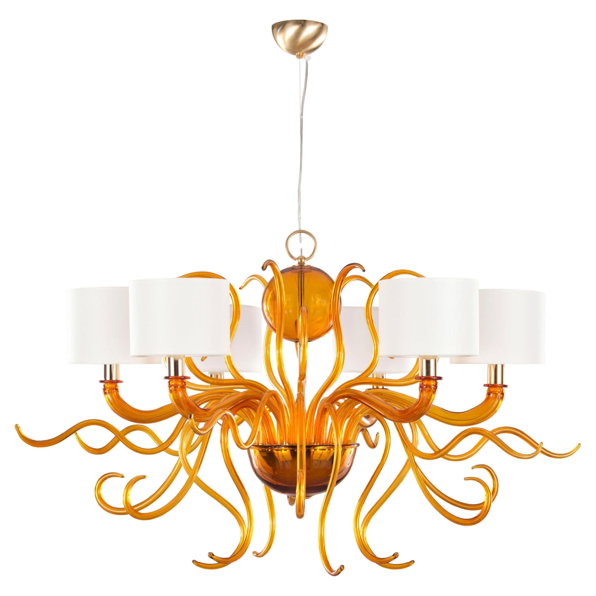 21st Century Chandelier 6arms Amber Murano Glass White Lampshades by Multiforme For Sale