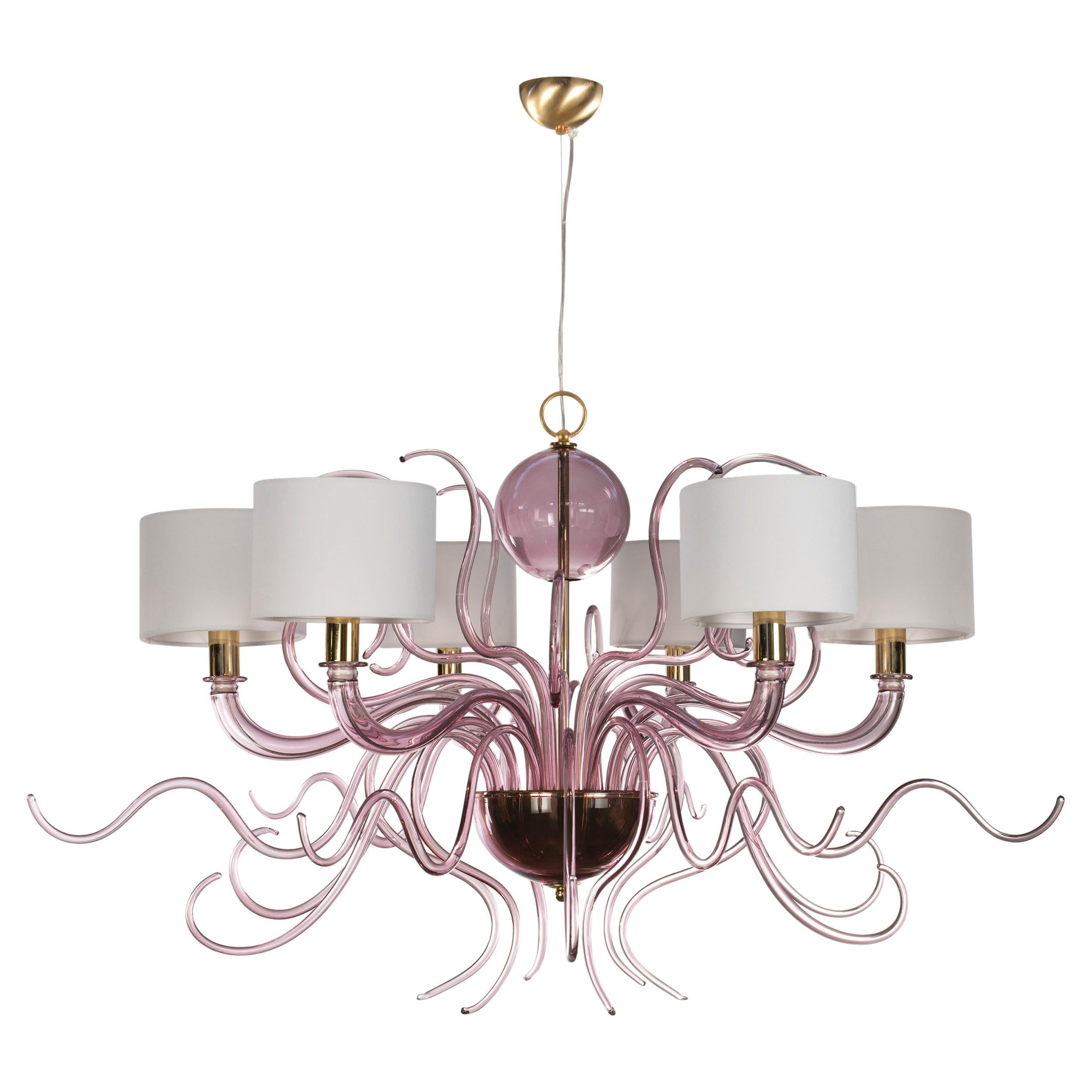 Lustre du 21e siècle 6 branches Amethyst Murano Glass 
Lampshades by Multiforme en vente