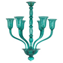 Lustre du 21e siècle à 6 bras en verre de Murano vert marine par Multiforme 