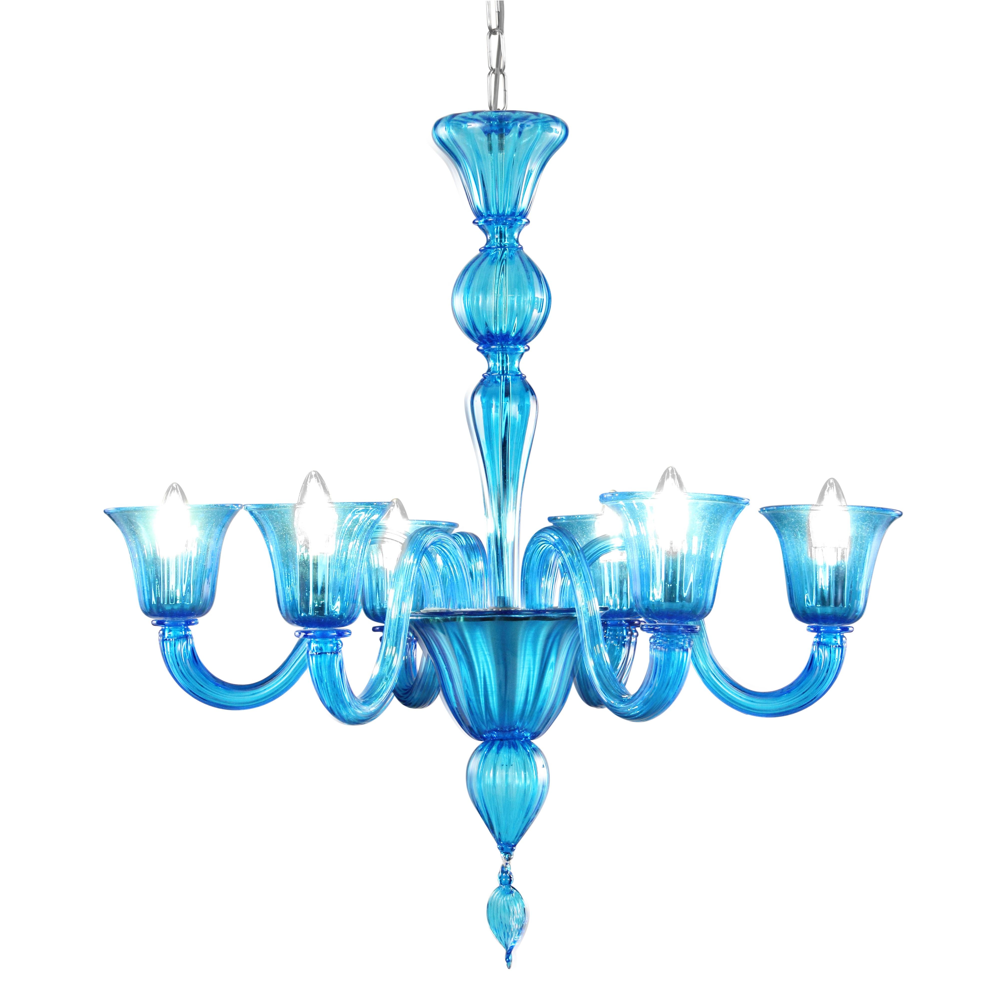 XXI secolo e contemporaneo Lampadario del XXI secolo a 6 bracci, vetro di Murano turchese di Multiforme in stock in vendita