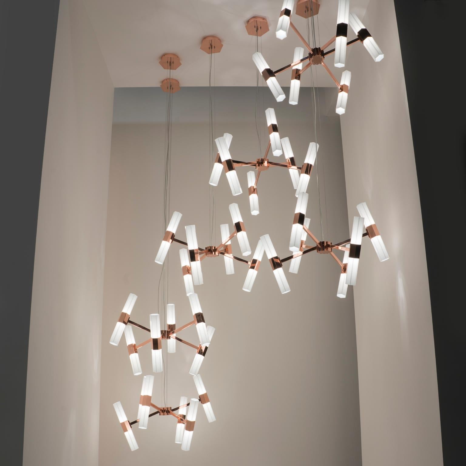 Polished 21st Century Chaos Copper and White Blown Glass Chandelier by Patrizia Garganti For Sale