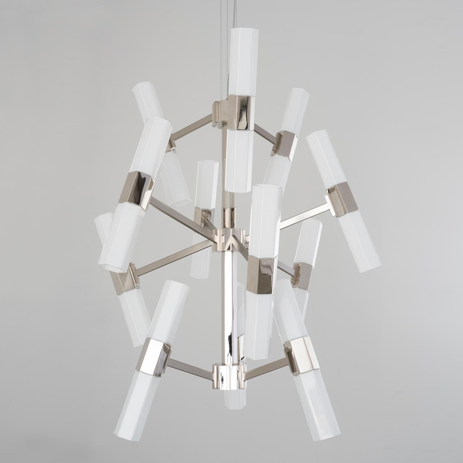 Modern 21st Century Chaos Nickel and White Blown Glass Chandelier by Patrizia Garganti For Sale
