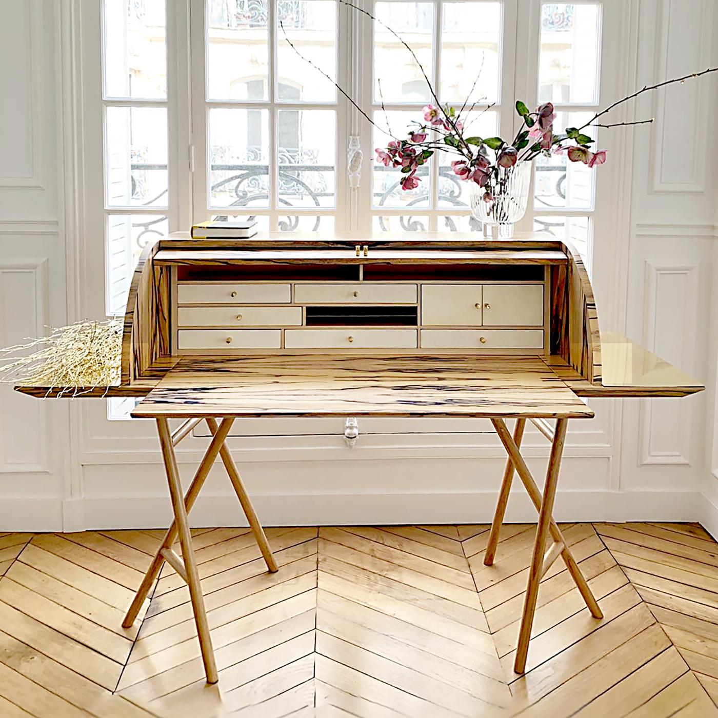 Italian 21st Century Charles Dix Desk, White Ebony, White Maple and Brass, Made in Italy For Sale