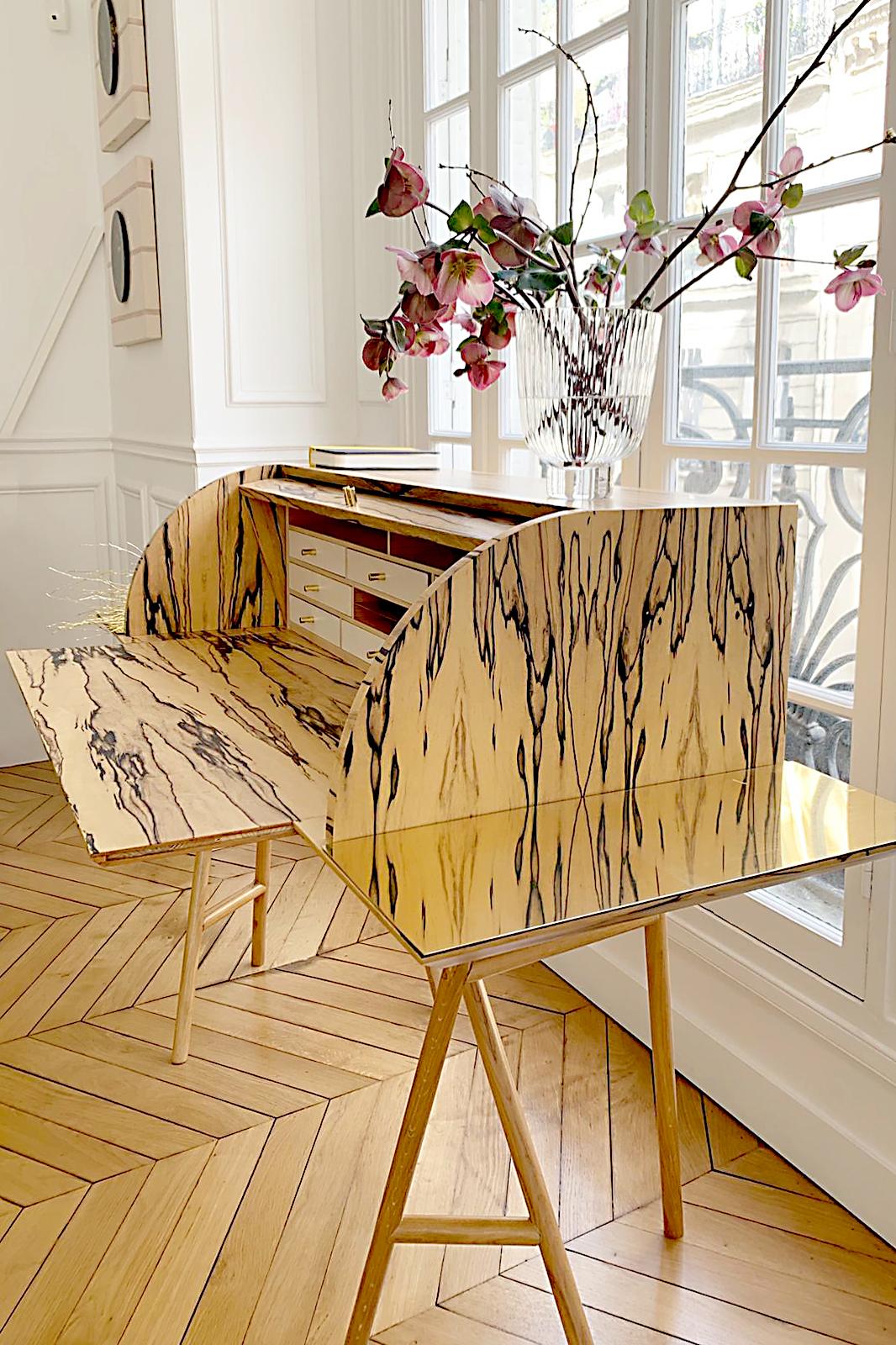 Hand-Crafted 21st Century Charles Dix Desk, White Ebony, White Maple and Brass, Made in Italy For Sale
