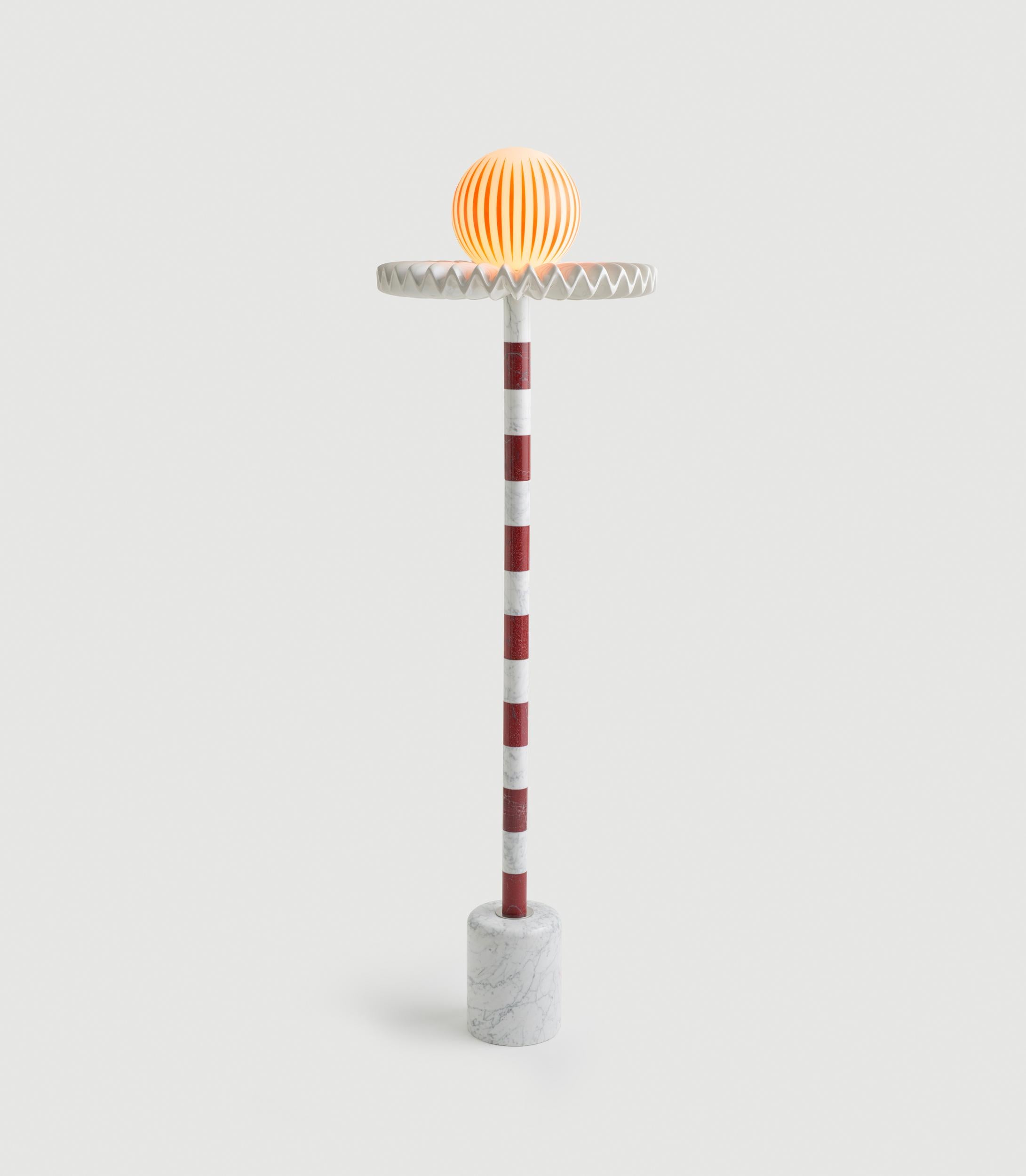 Arts and Crafts 21st Century Cherry and White Marble SARE Floor Lamp with Hand Painted Glass For Sale
