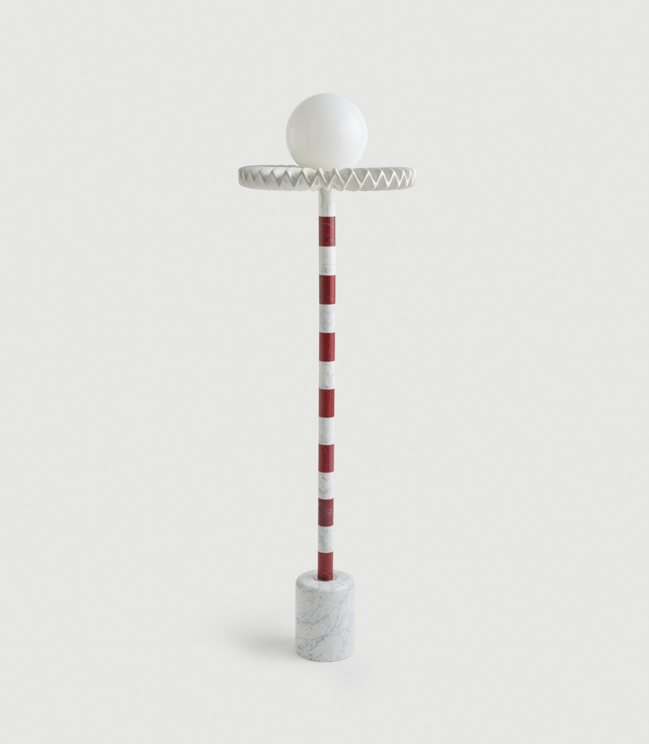 Turkish 21st Century Cherry and White Marble SARE Floor Lamp with Hand Painted Glass For Sale
