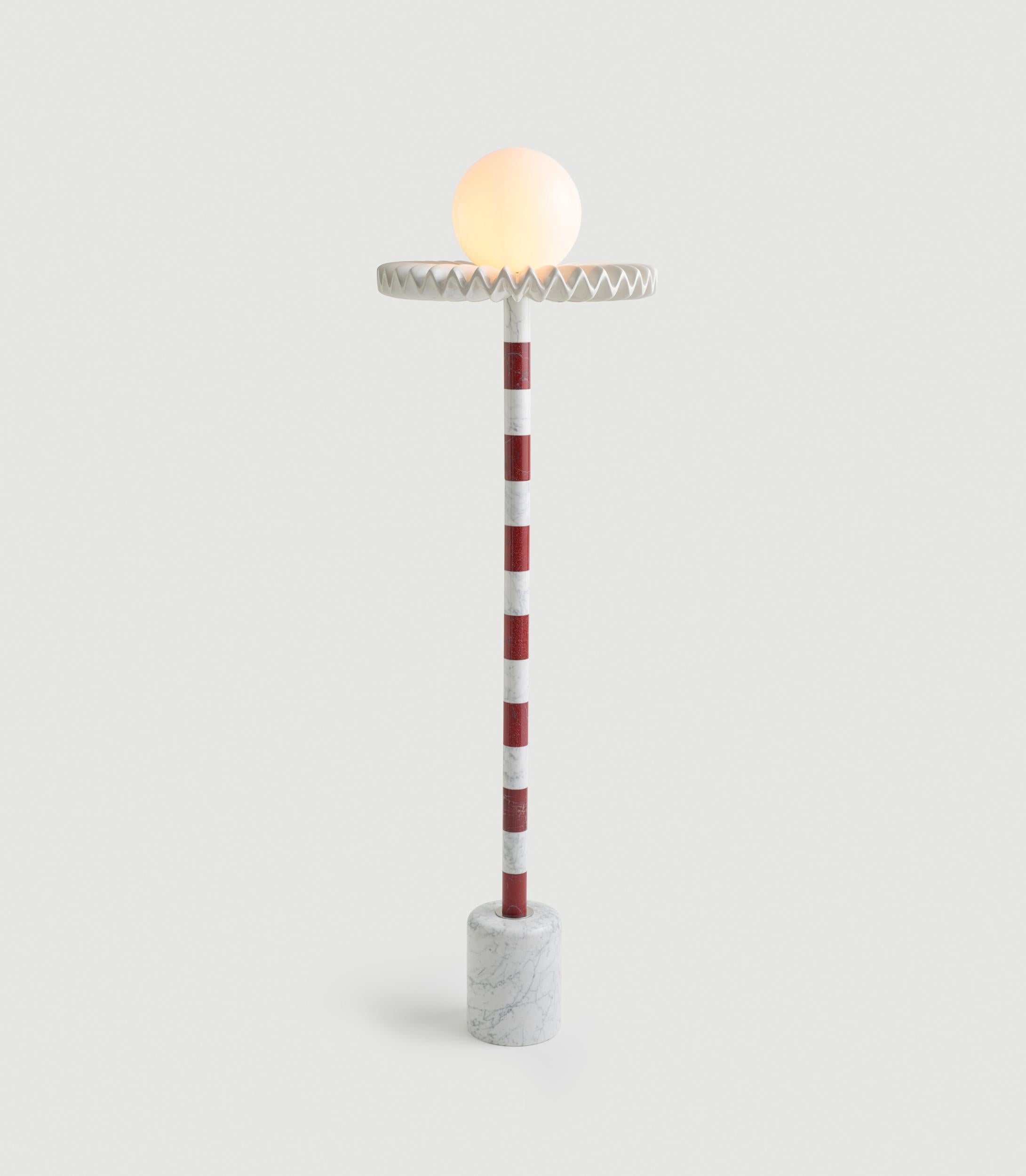 Carved 21st Century Cherry and White Marble SARE Floor Lamp with Hand Painted Glass For Sale