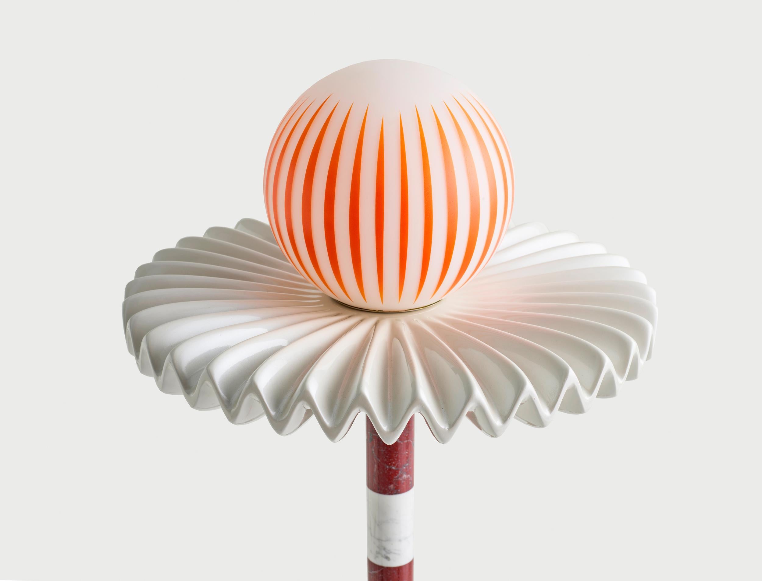 21st Century Cherry and White Marble SARE Floor Lamp with Hand Painted Glass In New Condition For Sale In New York, NY