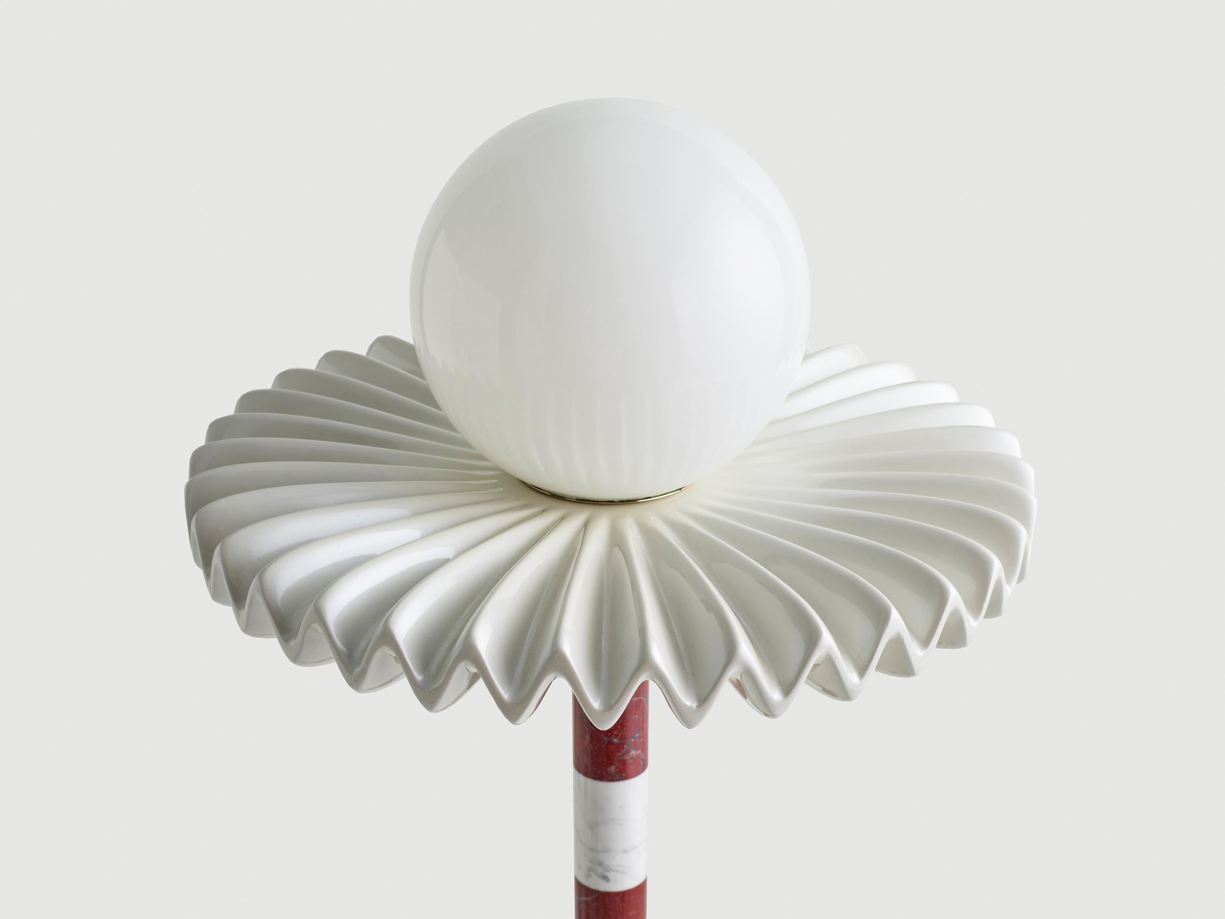 Contemporary 21st Century Cherry and White Marble SARE Floor Lamp with Hand Painted Glass For Sale