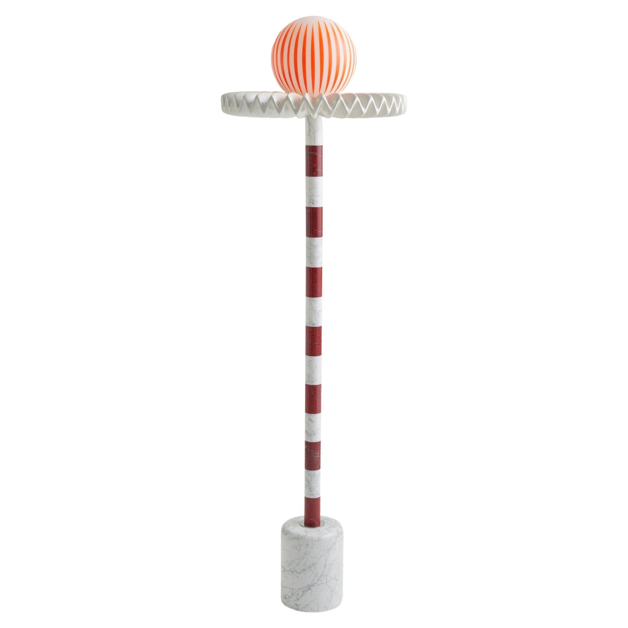 21st Century Cherry and White Marble SARE Floor Lamp with Hand Painted Glass