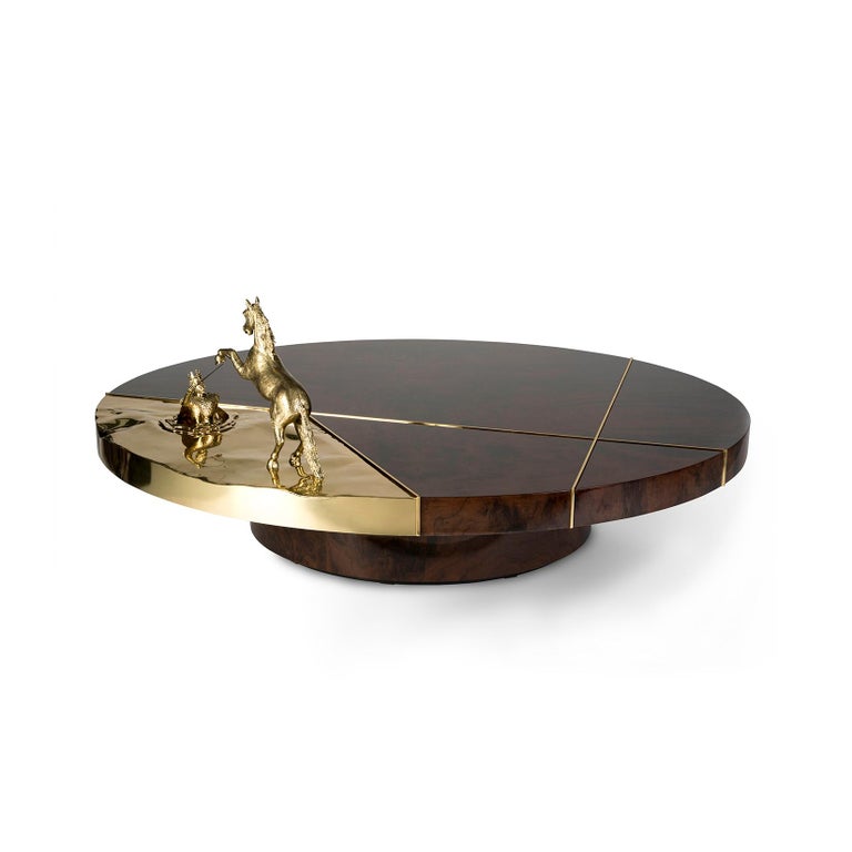 Contemporary Chess Round Center Table in Polished Brass and Walnut Root ...