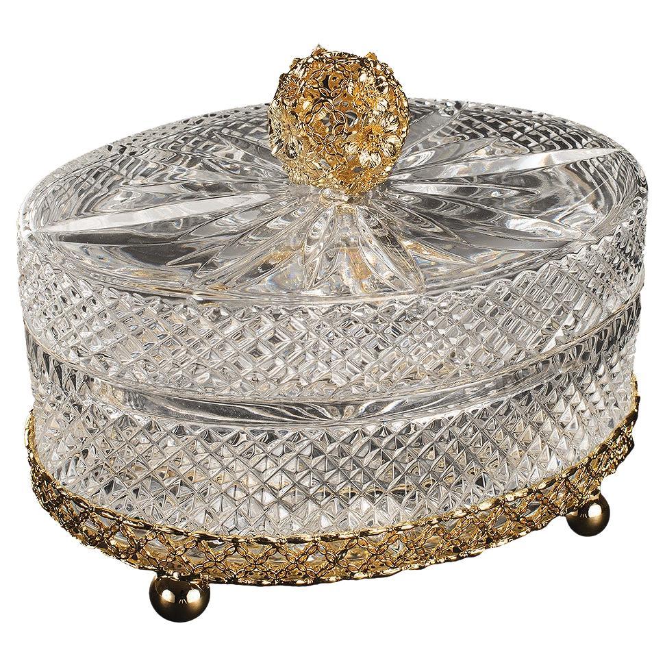 Scatola del 21° secolo, cristallo trasparente e bronzo dorato