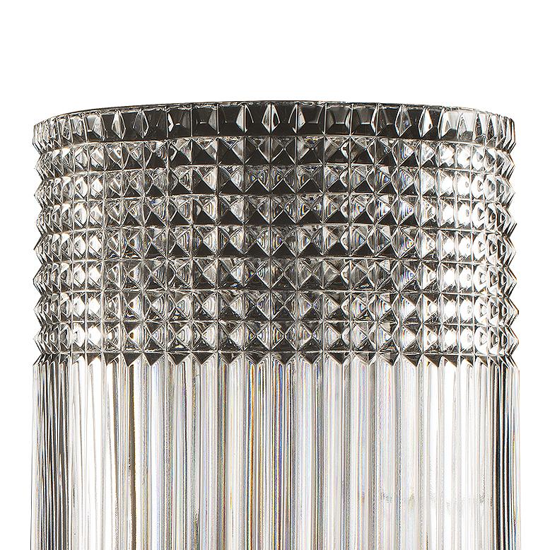 21st century, clear hand-carved crystal, chromed bronze  vase with intricate detailing and a bold geometric style. The domed lid features a radiant sunburst pattern, topped with a unique double-square handle that recalls classic Art Deco motifs. The