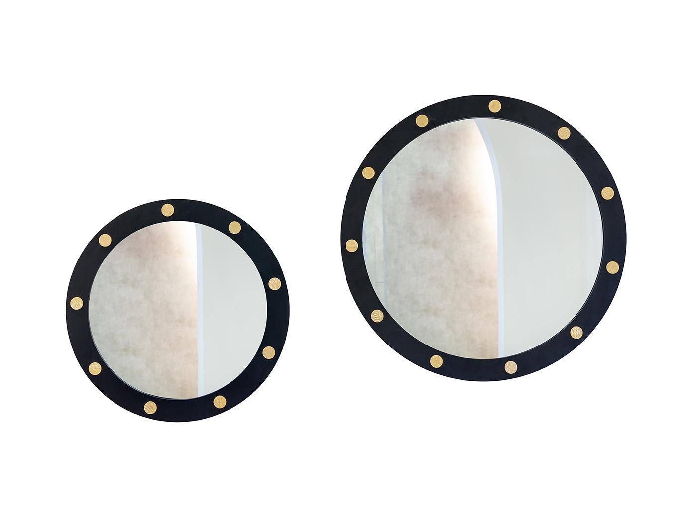 Cluster Round Mirror, in Matt Black Lacquered Iron, Handcrafted in Portugal by Duistt

Cluster round mirror, crafted with great attention to details, features a matt black lacquered iron structure with carved brass details that will standout in any