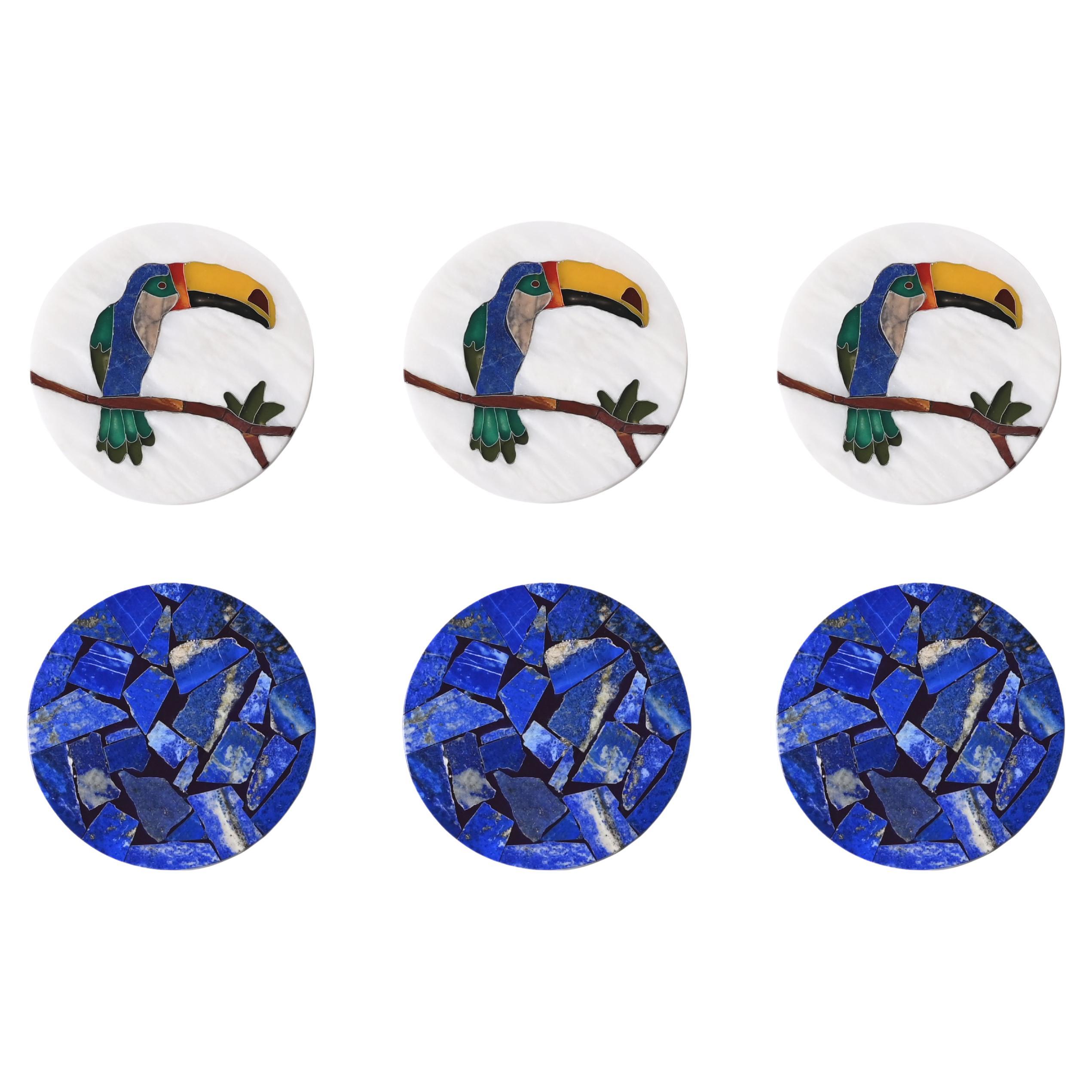 21st Century Coasters Marble Lapis Onyx Semi Precious Inlay Mosaic Cloisonné For Sale