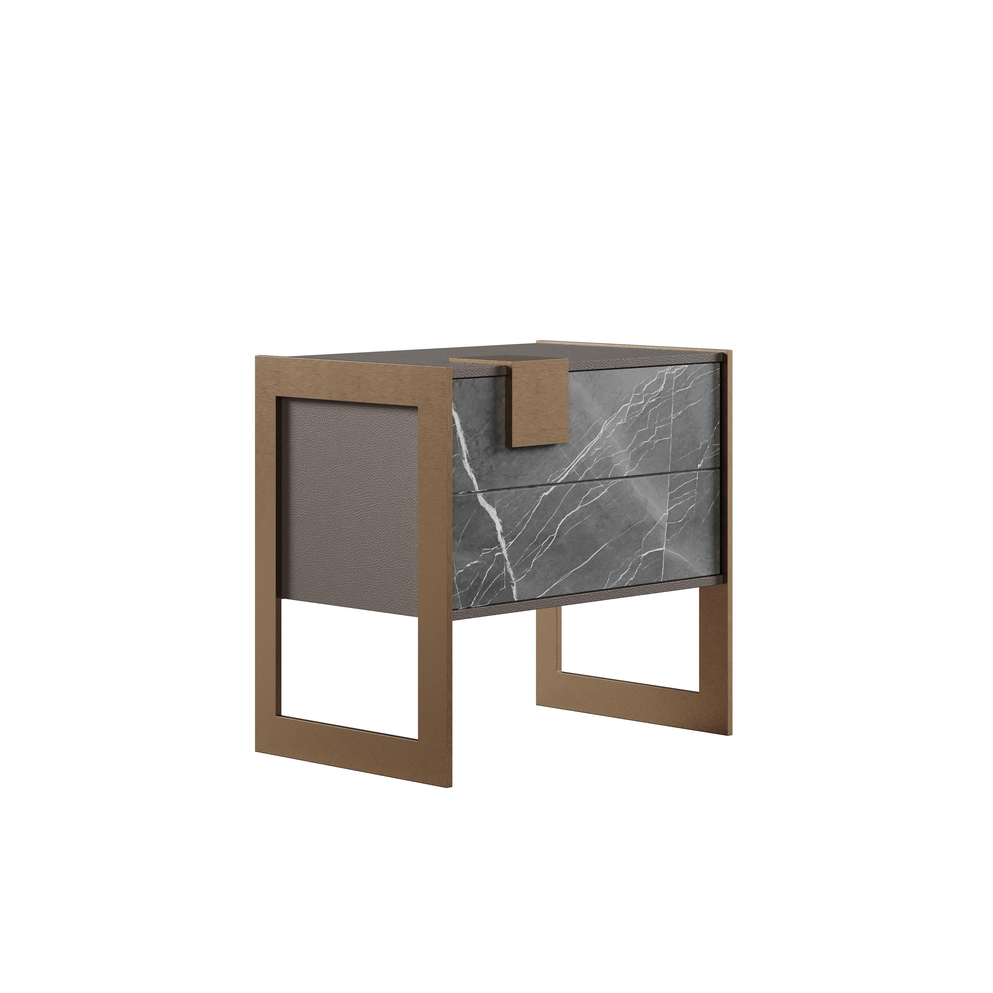 Portuguese 21st Century Coloma Bedside Table Grey kendzo Brass Wood For Sale
