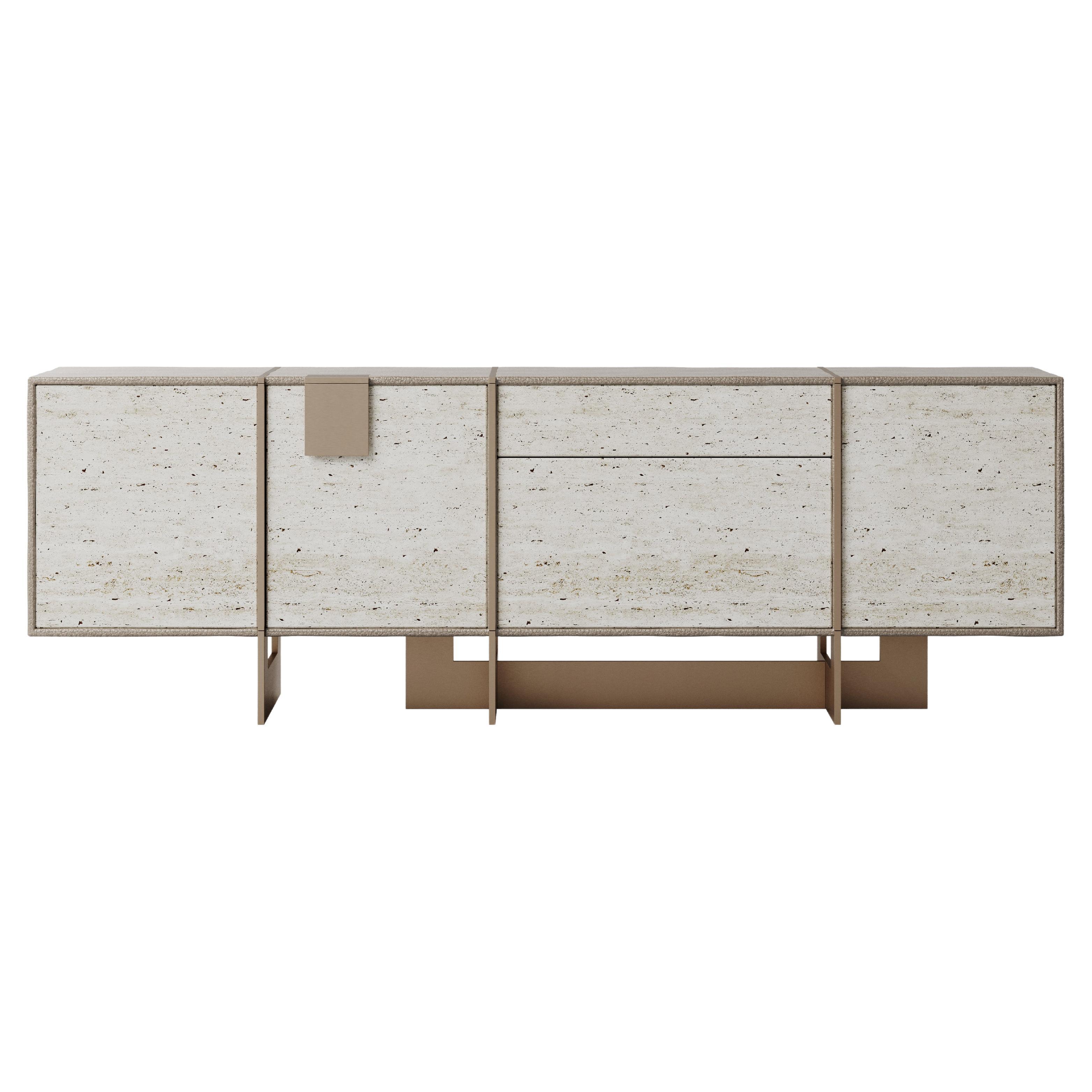 21. Jahrhundert Coloma Sideboard Leder bedeckt-Holz Travertin Messing im Angebot