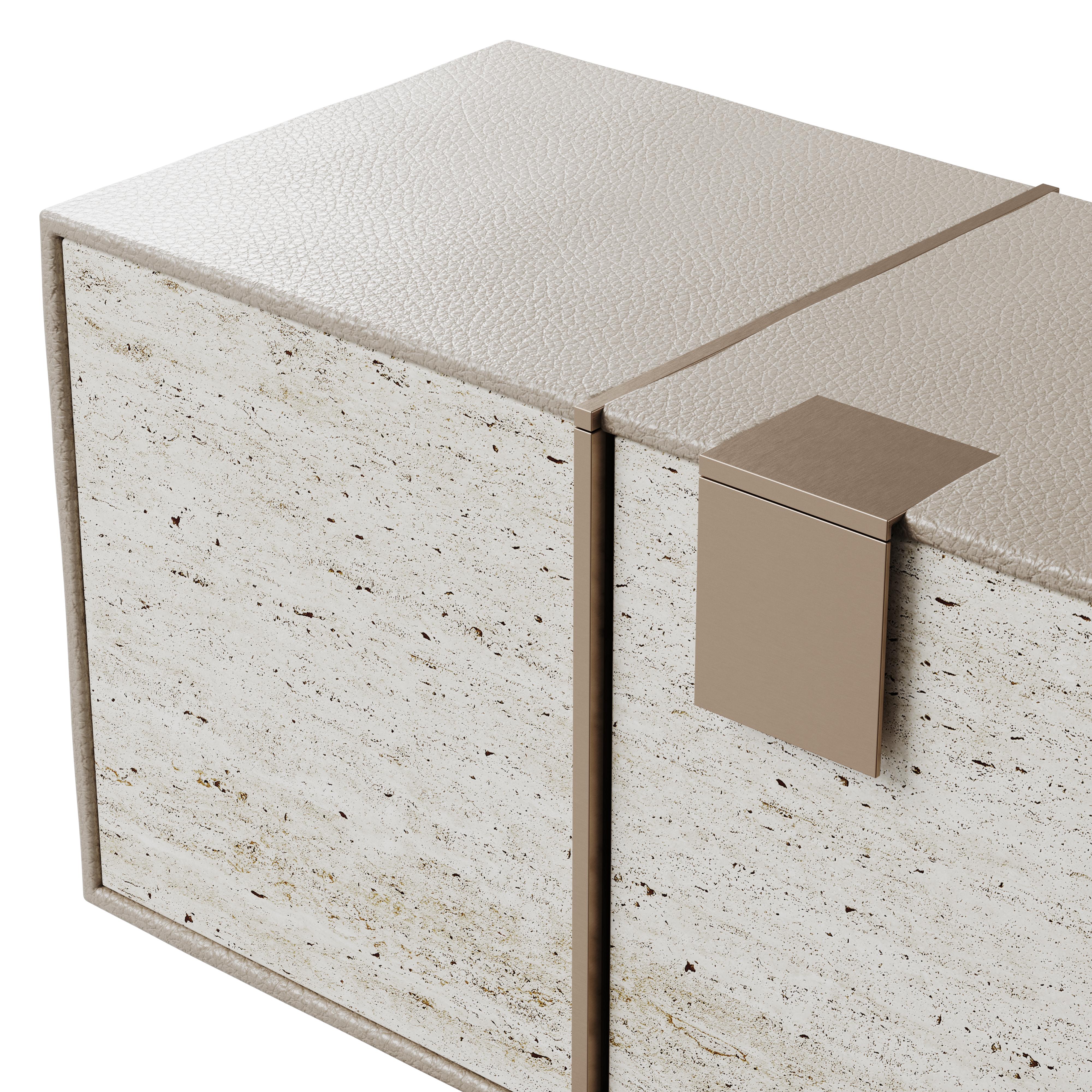 Portuguese 21st Century Coloma Sideboard Leather Covered-Wood Travertine Brass For Sale
