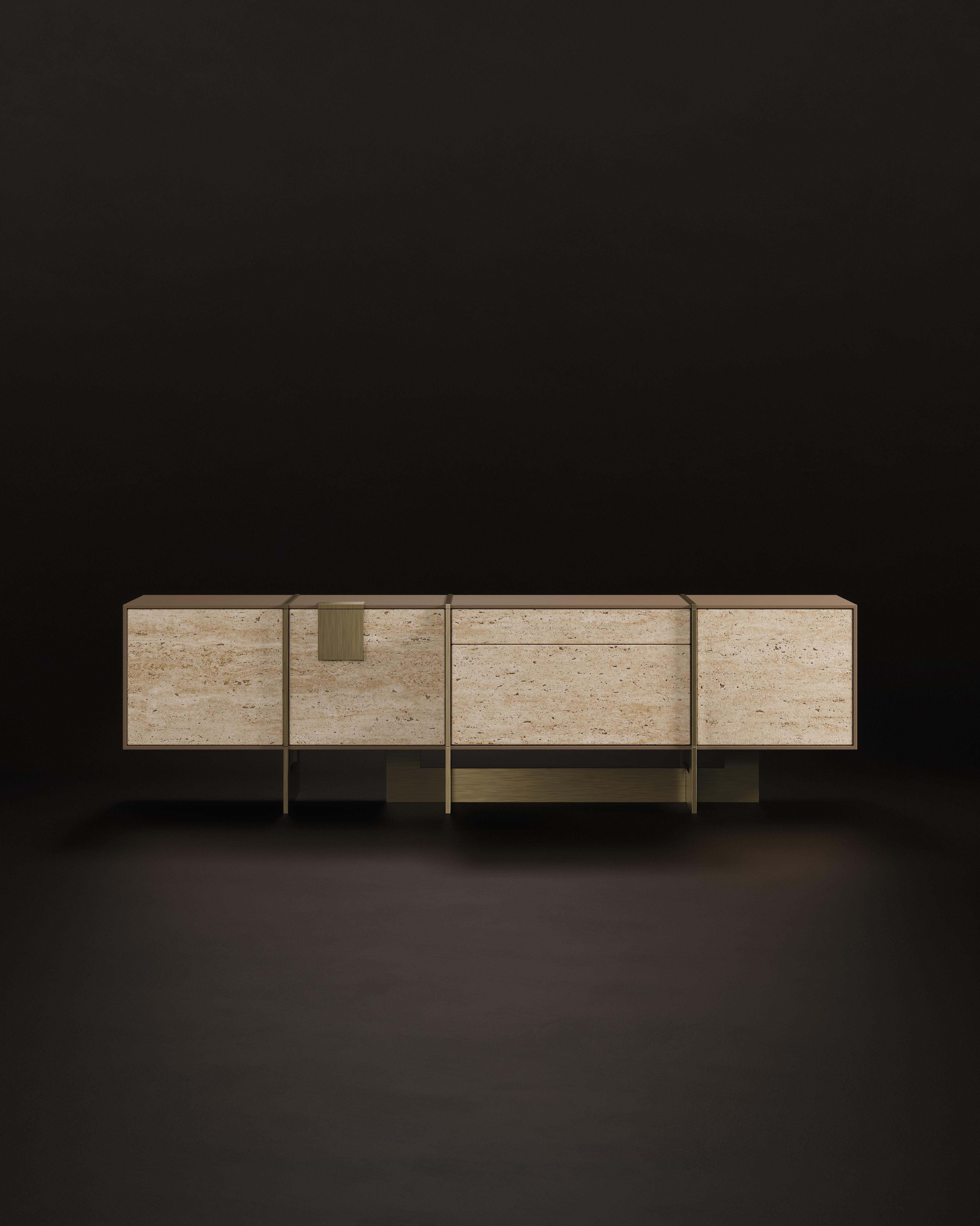 21st Century Coloma Sideboard Leather Travertine Brass Made in Portugal by Porus For Sale 4