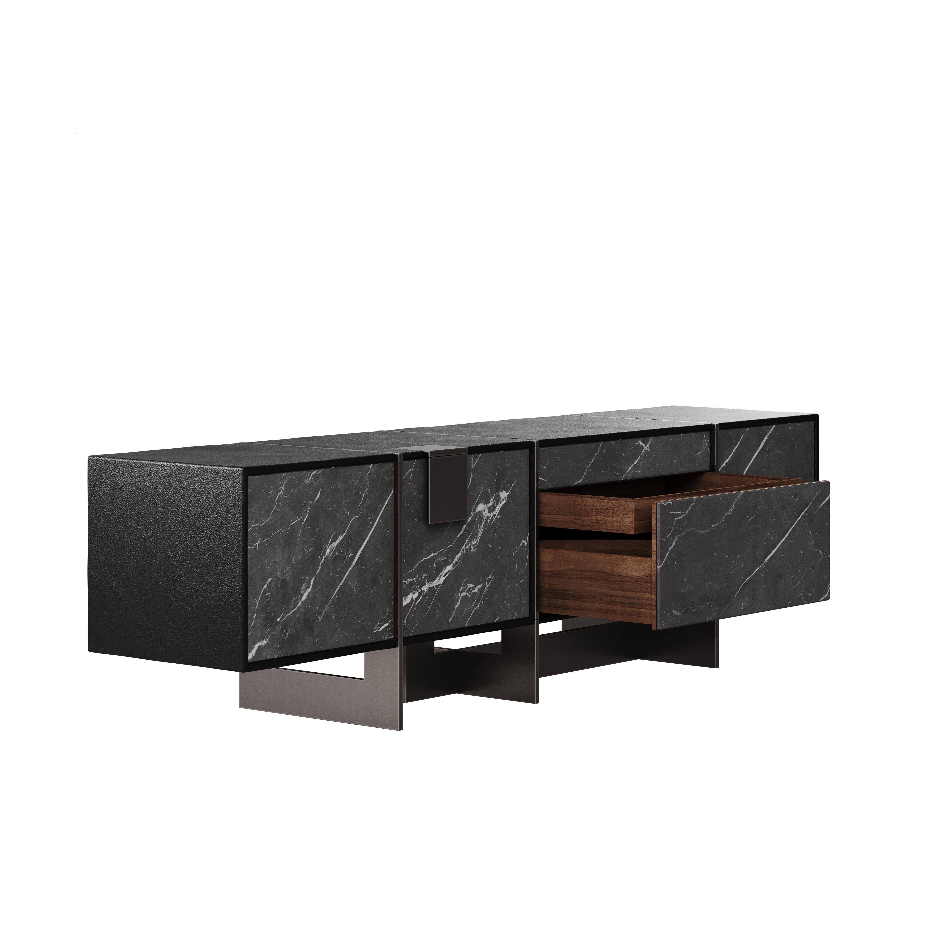21st Century Coloma TV Unit American Walnut Grey Kenzo Marble In New Condition For Sale In RIO TINTO, PT