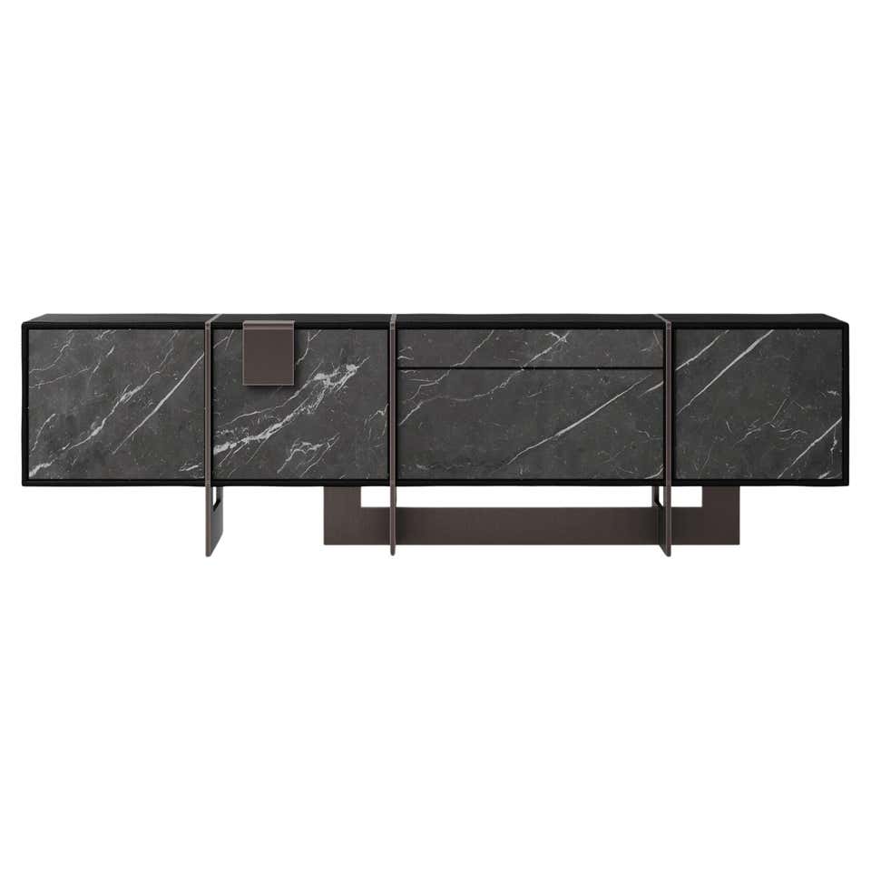 21st Century Coloma Sideboard Leather Covered-Wood Travertine Brass For ...