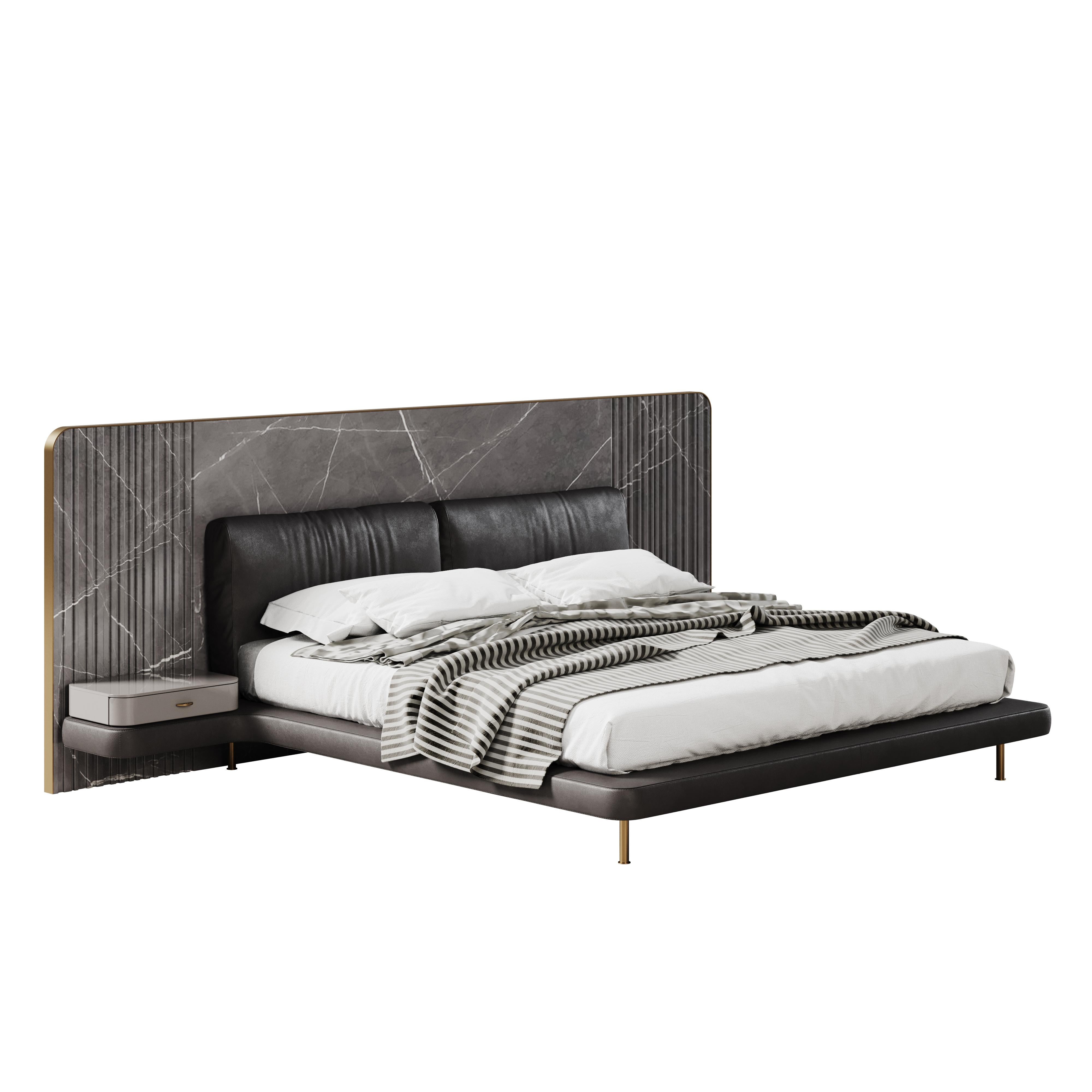 Portuguese 21st Century Colorado Bed Marble Genuine Leather Brass by Porus Studio For Sale