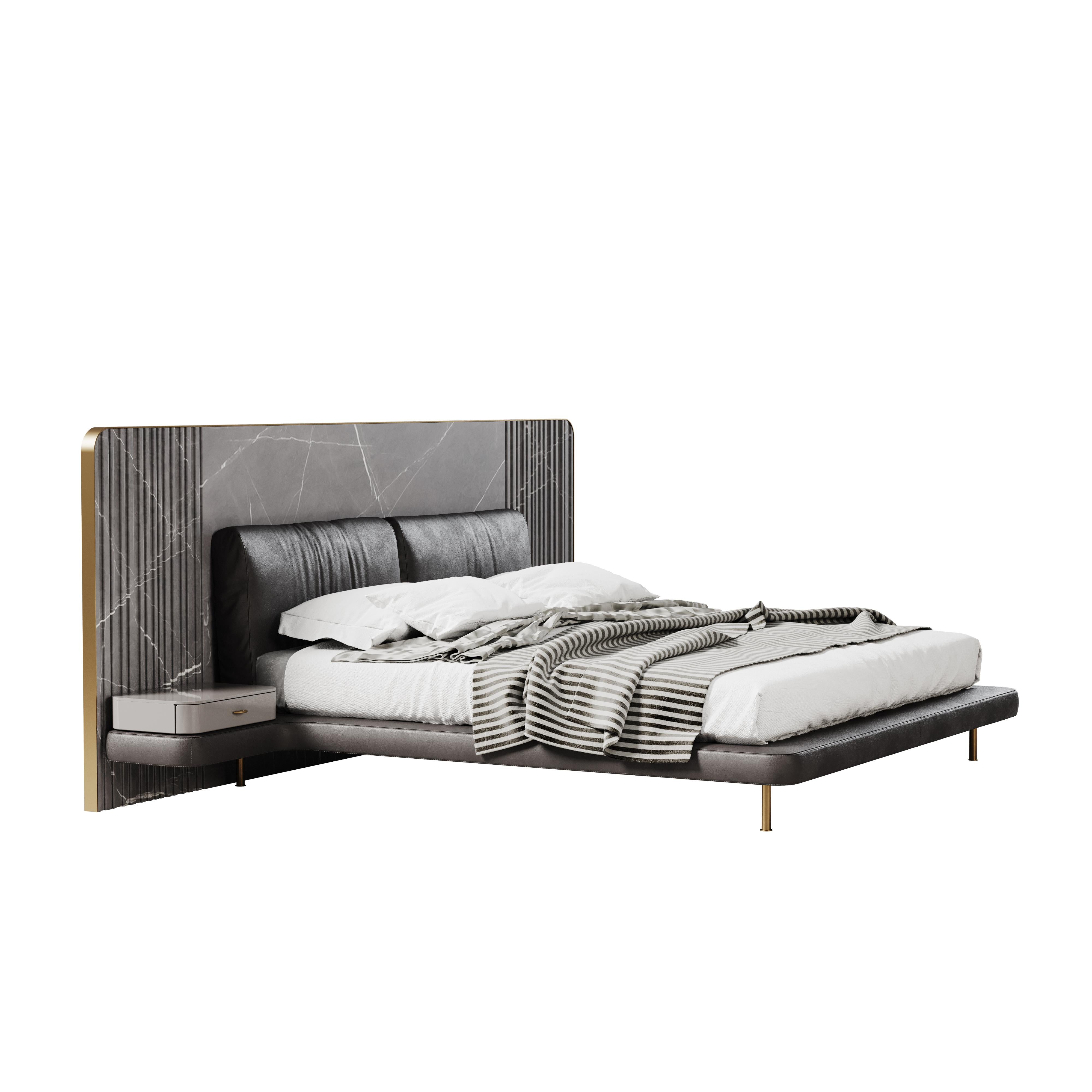 Contemporary 21st Century Colorado Bed Marble Genuine Leather Brass by Porus Studio For Sale