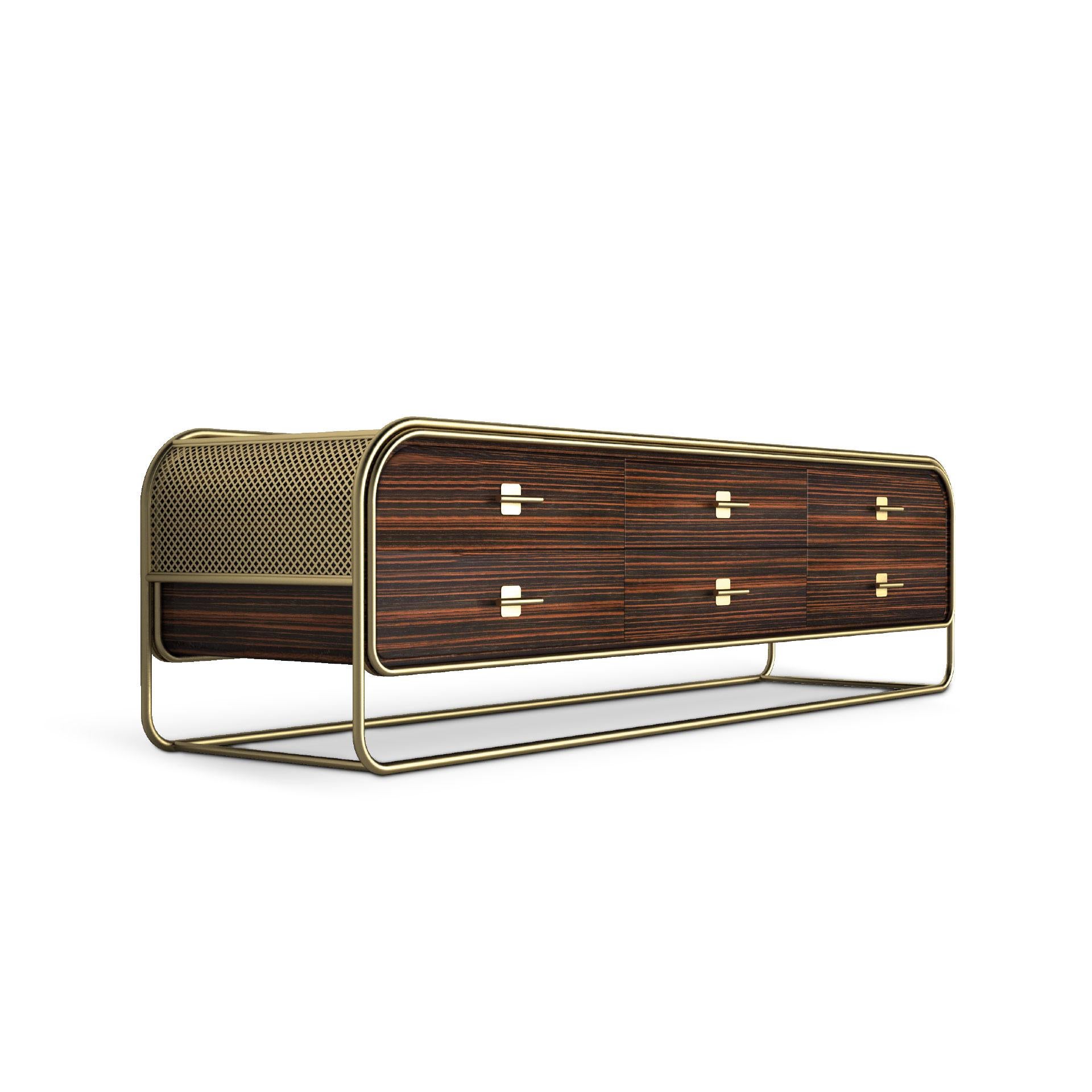 Known as “one of the great grand dames of Art Deco Streamline Moderne in Los Angeles”, the Eastern Columbia Building inspired Porus Studio Design team to create the Columbia Family. 
This modern sideboard features a stunning brushed brass frame and