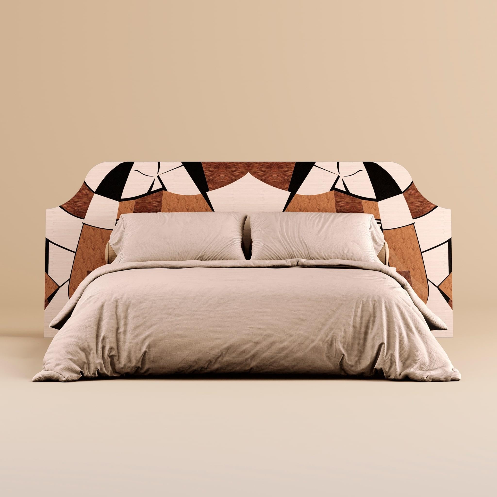 Portuguese 21st Century Contemporary Bed Modern Wood Headboard Marquetry Abstract Pattern  For Sale