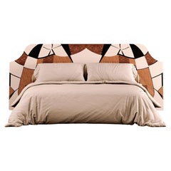 21st Century Contemporary Bed Modern Wood Headboard Marquetry Abstract Pattern 
