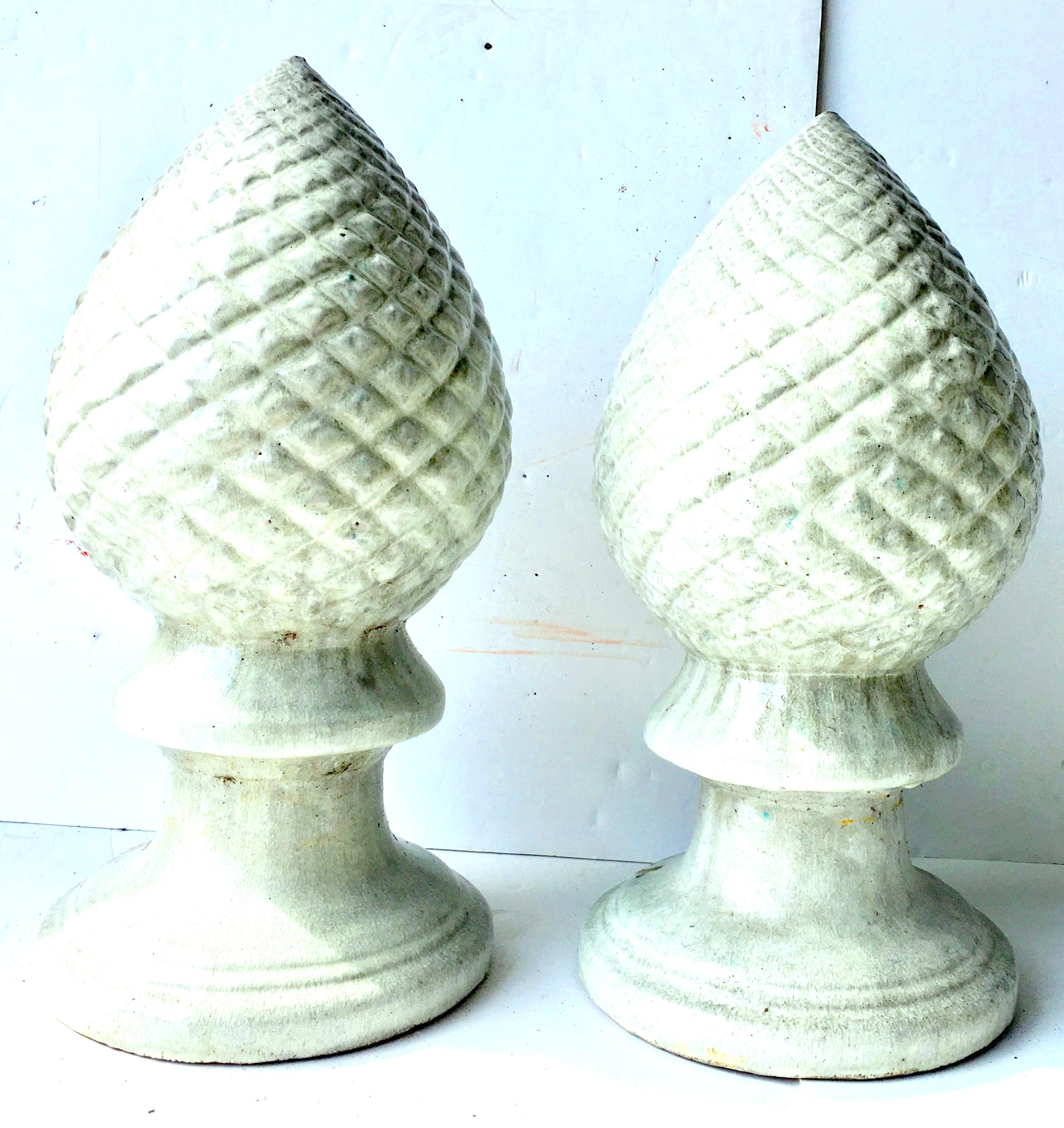 21st century contemporary pair of ceramic glaze off-white to grey tone textured cone finials. Great for indoor or outdoor use.
      