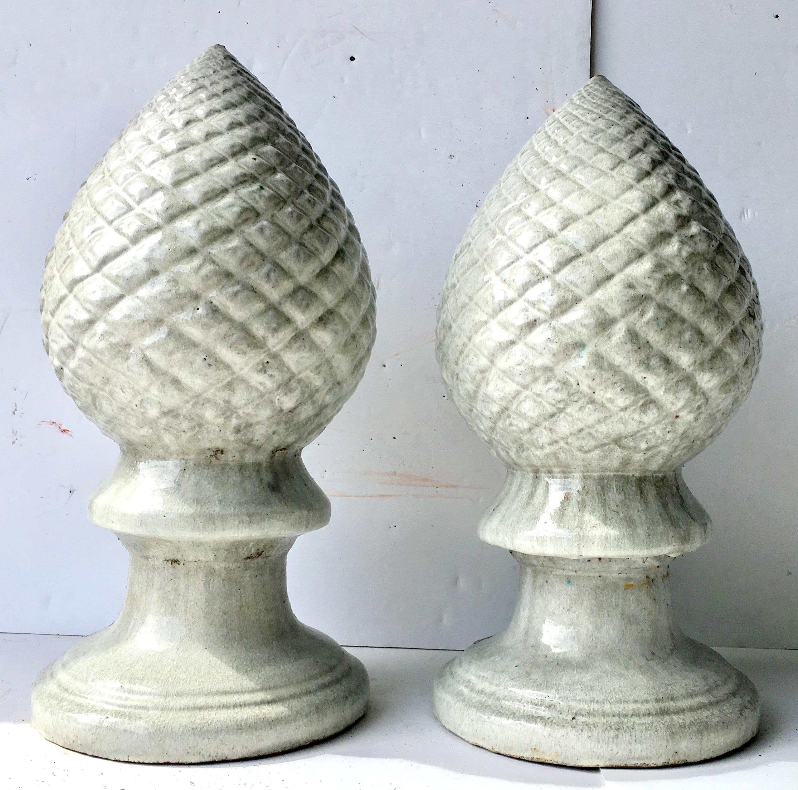 21st Century Contemporary Pair of Ceramic Glaze off white to grey tone textured cone finials. Great for indoor or outdoor use.
 