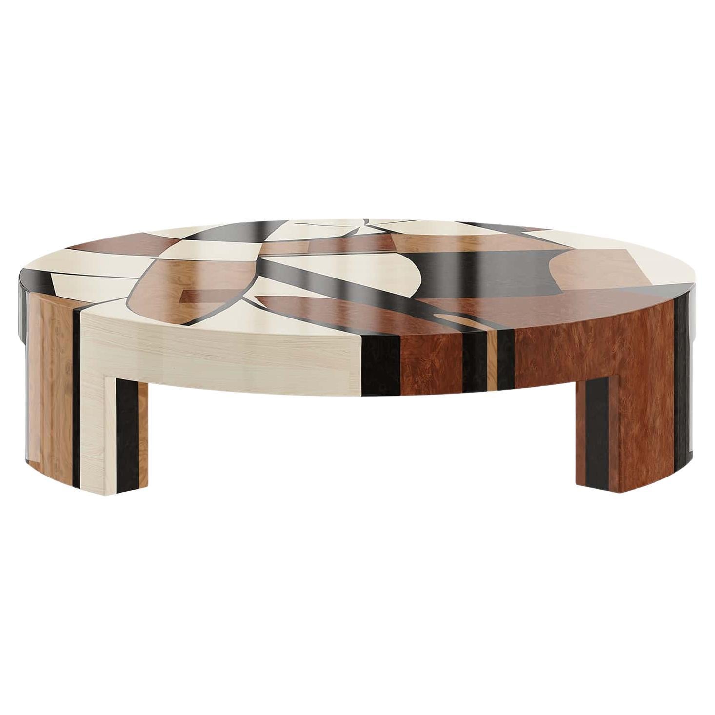 21st Century Contemporary Coffee Center Round Table Abstract Wood Marquetry