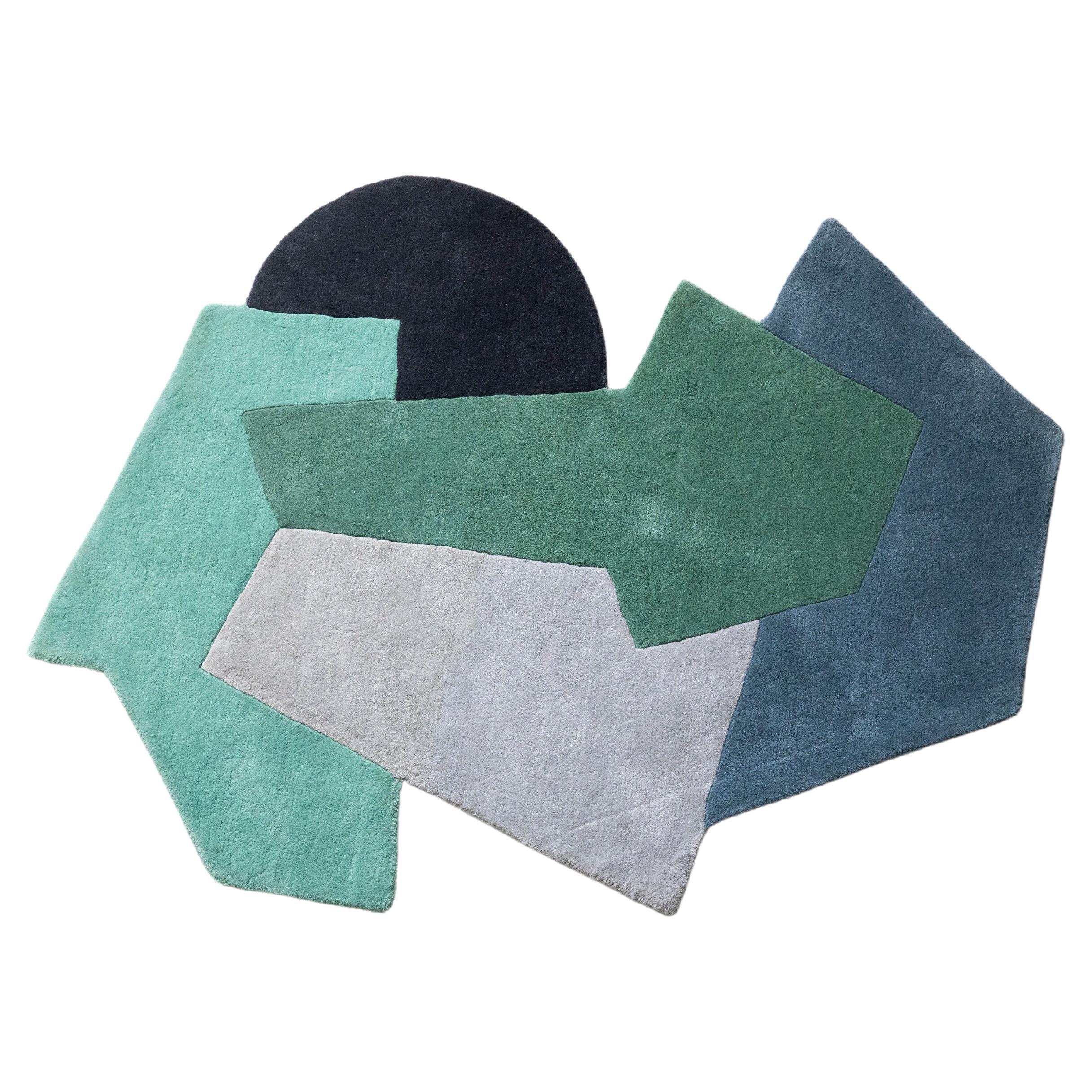 Tapis géométrique coloré contemporain du 21e siècle, laine tuée à la main, tons verts
