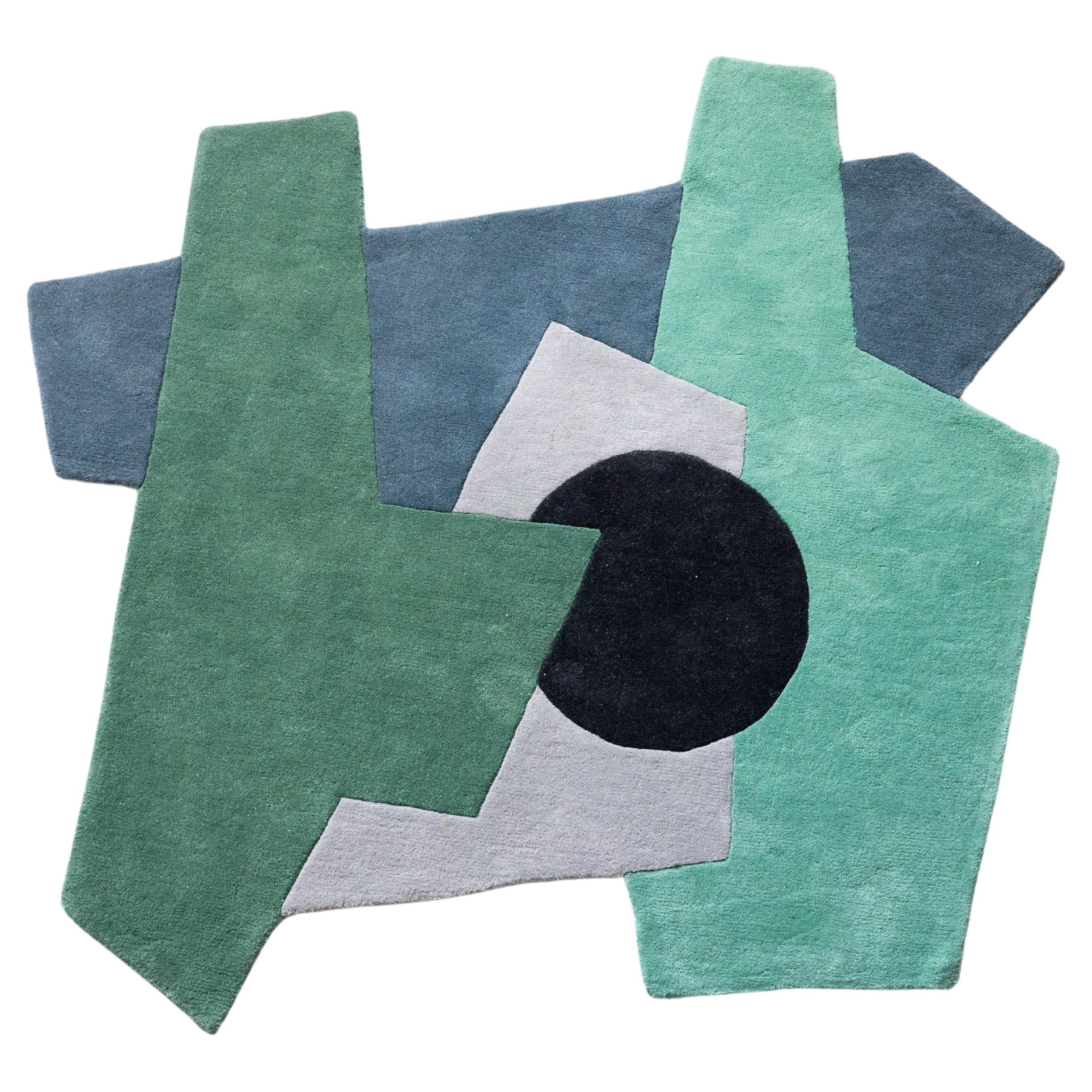 Tapis géométrique coloré contemporain du 21e siècle, laine tuée à la main, tons verts en vente