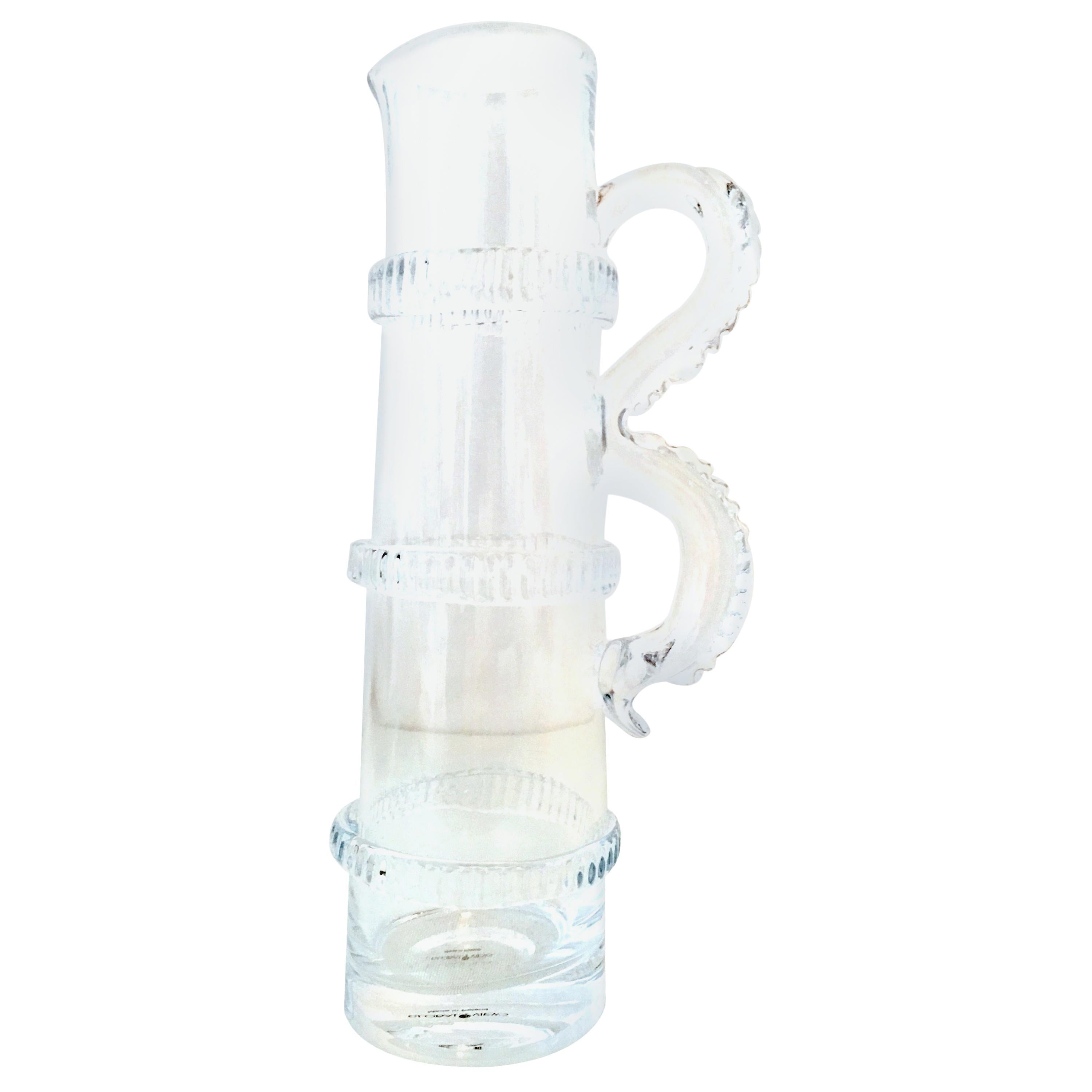 21st Century Contemporary Crystal Faux Bamboo Motif Handled Beverage Pitcher For Sale