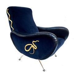21st Century Contemporary Dark Blue Armchair with Golden Snakes Sculptures