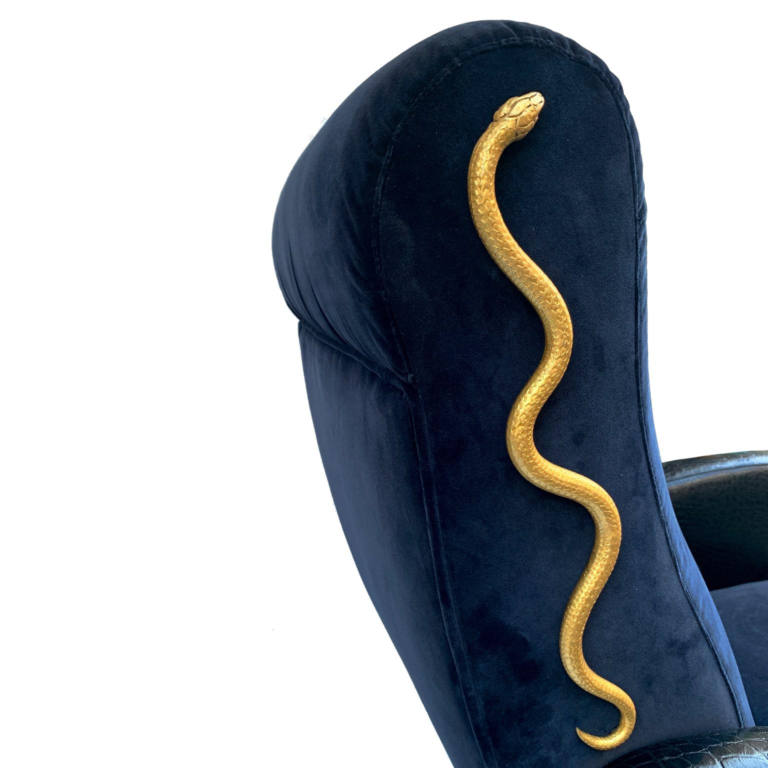 Modern 21st Century Contemporary Dark Blue Armchair with Golden Snakes Sculptures For Sale