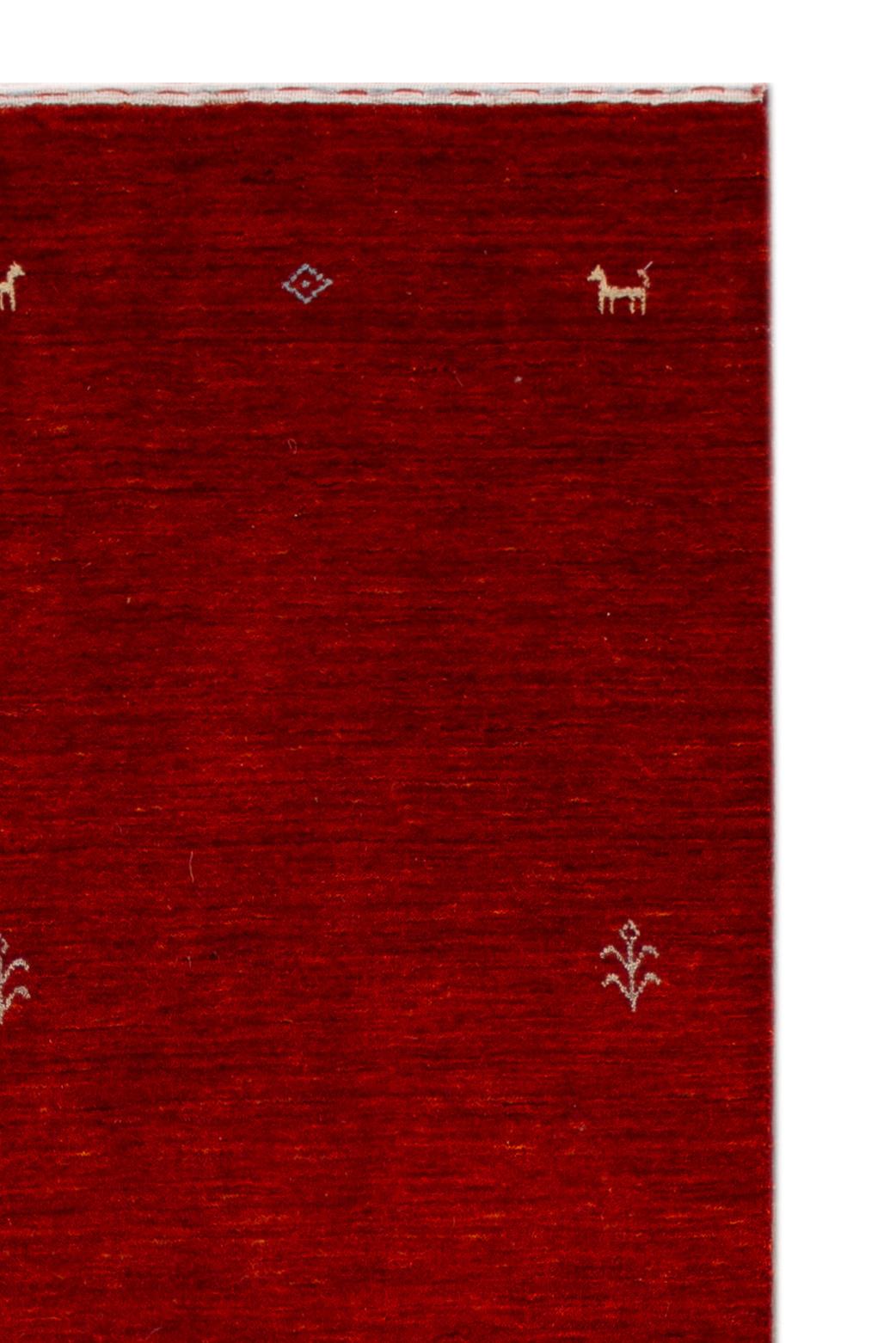 Beautiful Modern Gabbeh style Runner rug, with a vibrant red field, and subtle gray accents

This rug measures 2' 6
