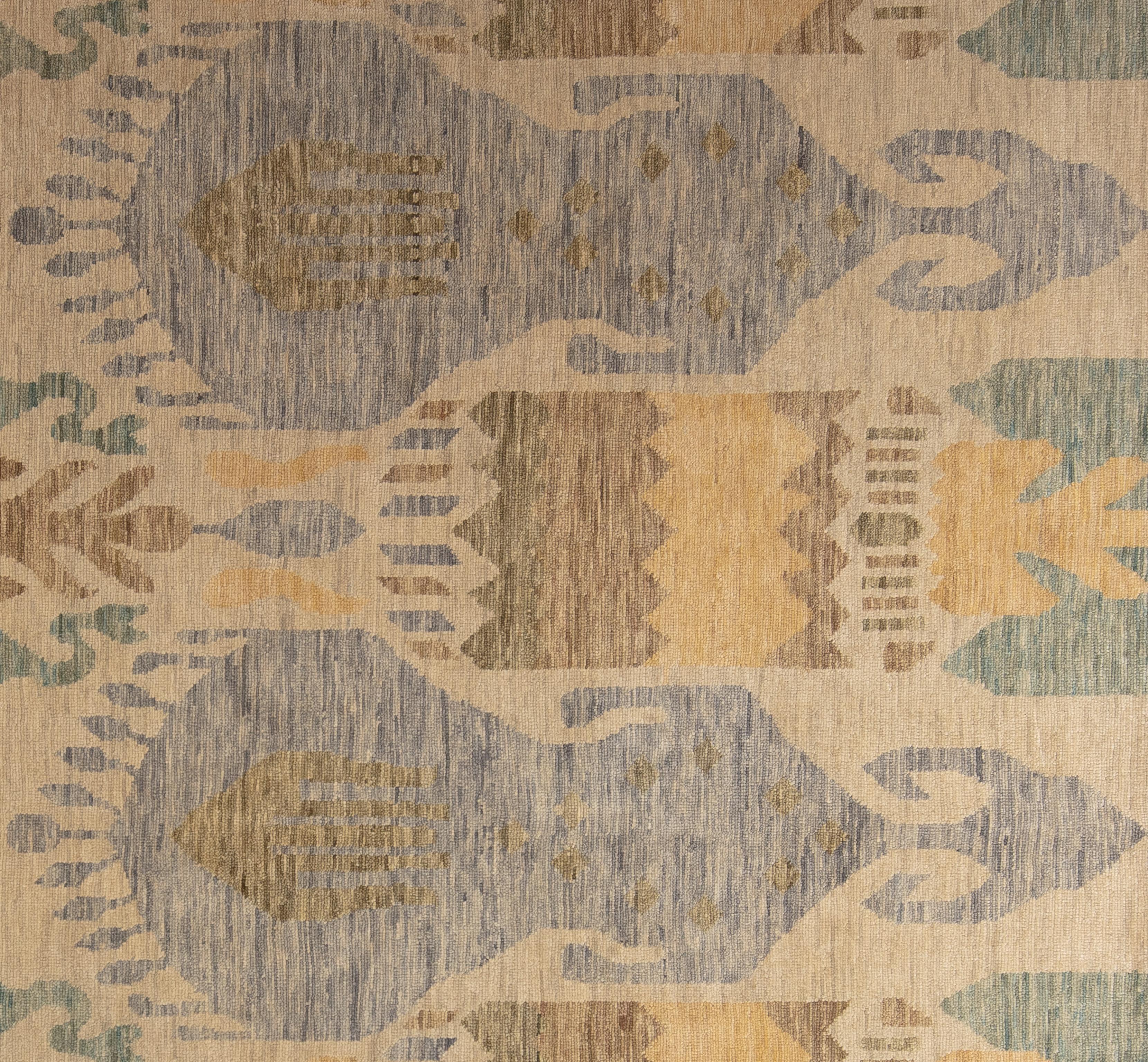 Handwoven in India, made of 100% wool; this fun yet modern and sophisticated rug, boasts a fresh pallet of uplifting colors. Featuring warm pops of teal, gold and violet on a cream background, this rug makes it easy to mix and match furniture and