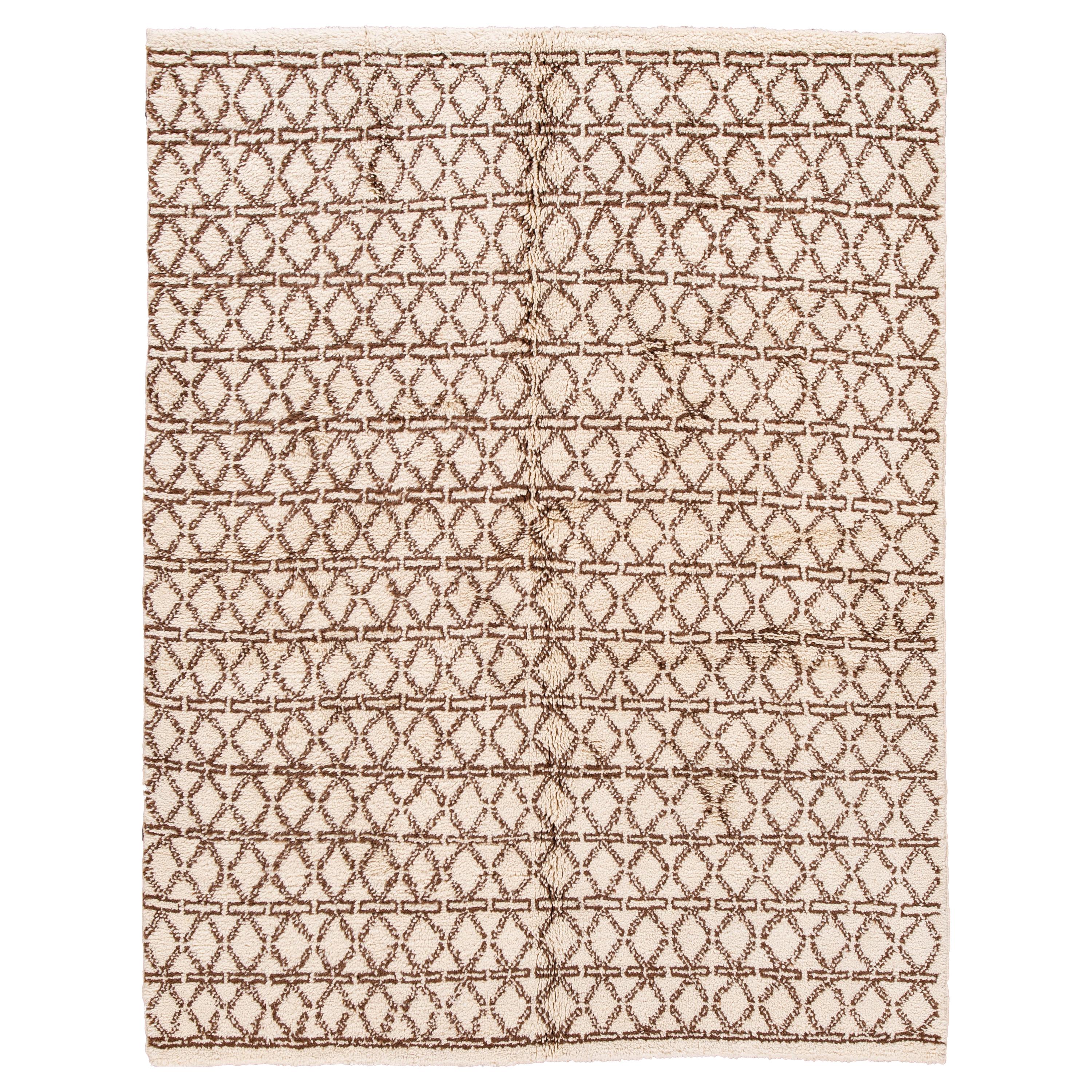 21st Century Contemporary Ivory Moroccan Tribal Wool Rug