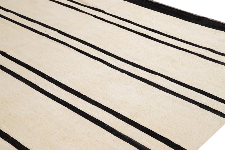 Contemporary Black and White Striped Kilim Flatweave Wool Rug For Sale