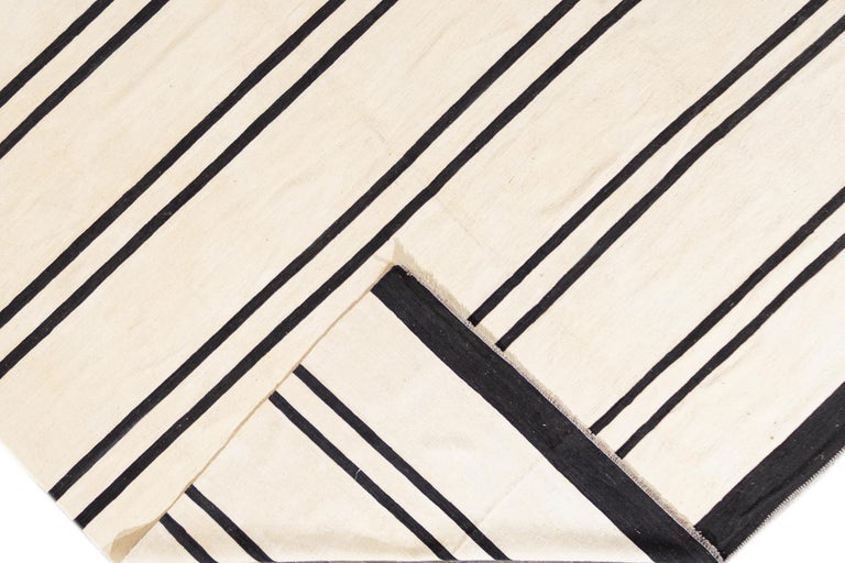 Contemporary Black and White Striped Kilim Flatweave Wool Rug For Sale